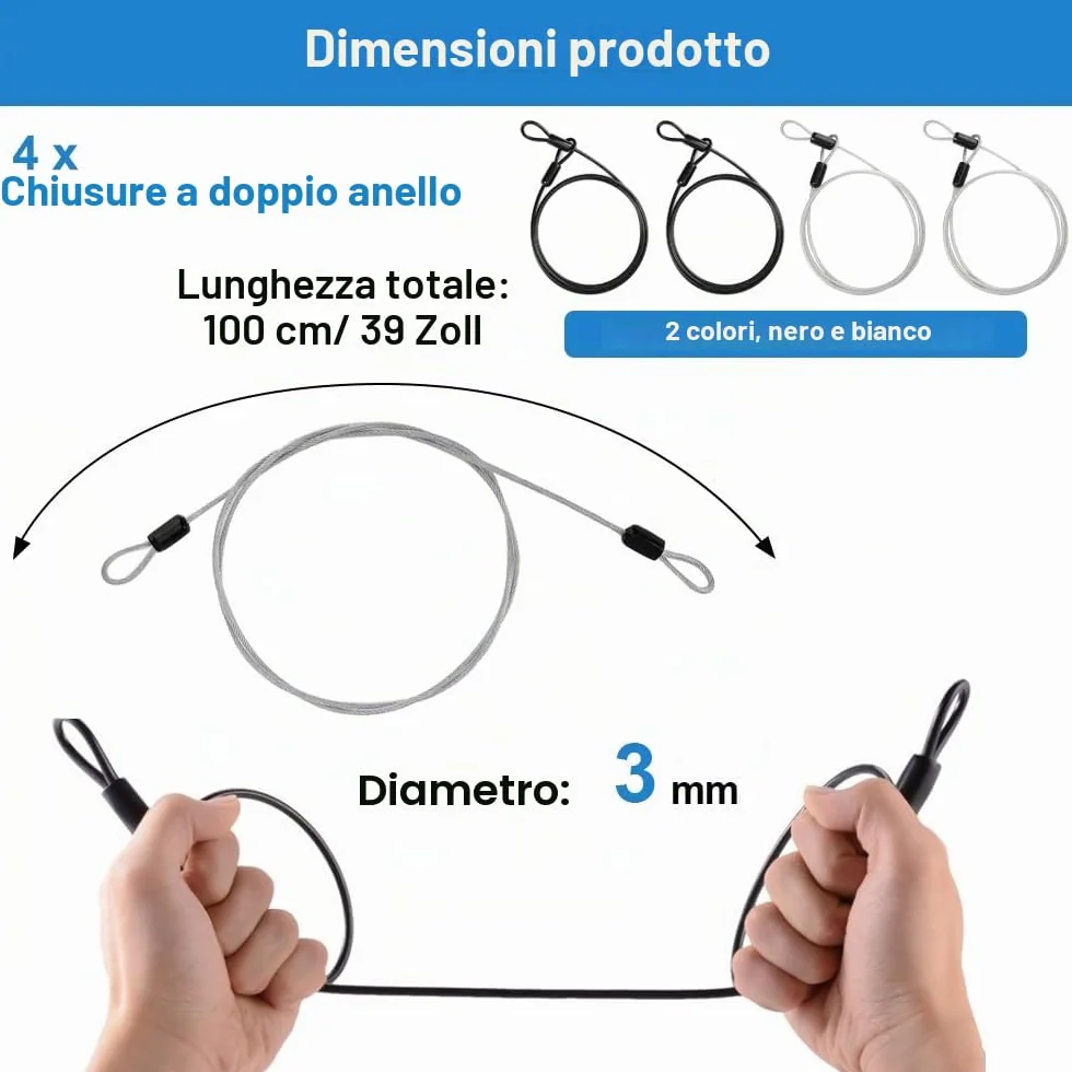 Cavo di Sicurezza 4 Pezzi 3mm×100cm Acciaio Rivestito Plastica per Lucchetti