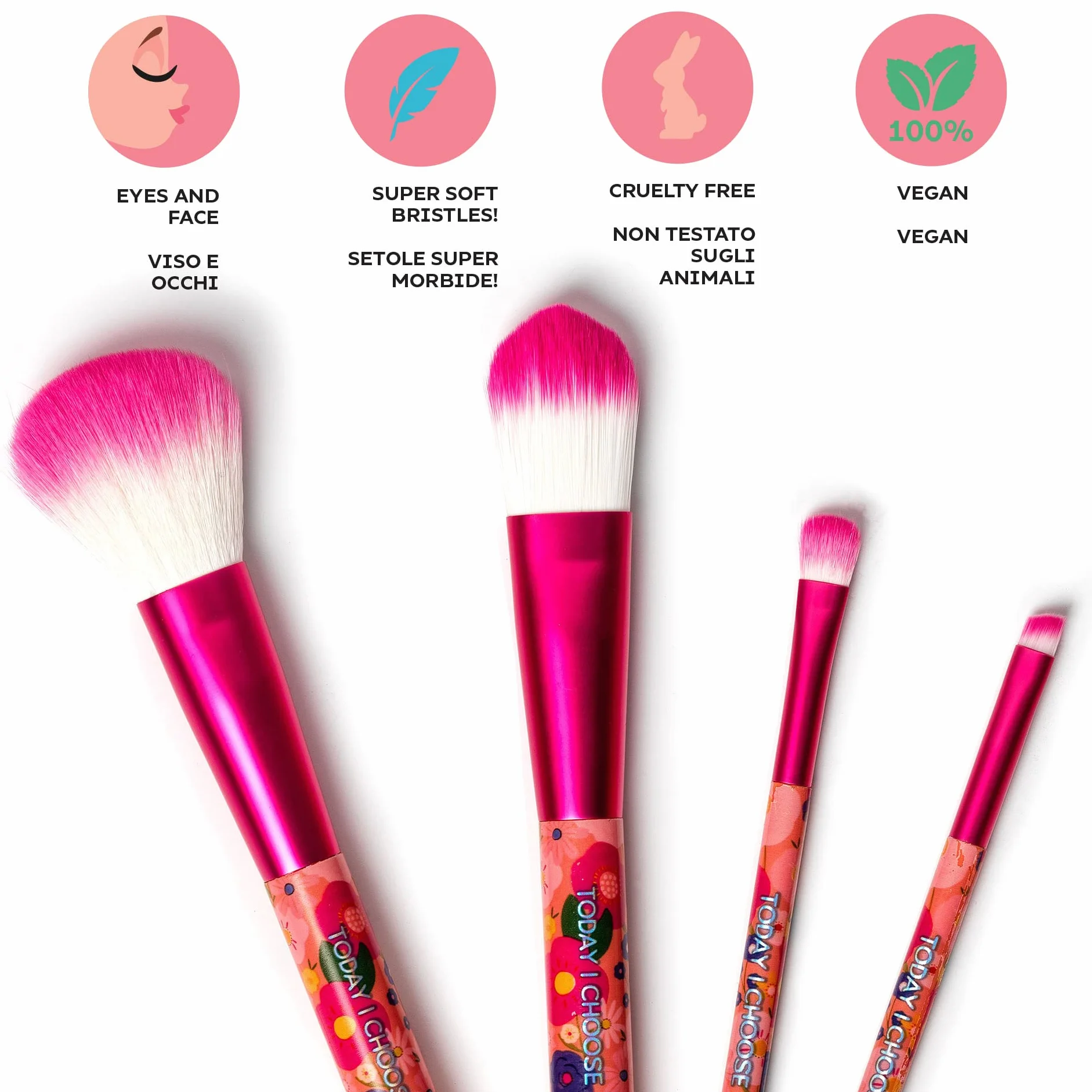 Legami - Set di 4 Pennelli per il Trucco, Oh My Glow! Tema Flowers, Include Powder-Foundation-Eyeshadow-Eyeliner Brush, 100% Vegan, Formato da Viaggio
