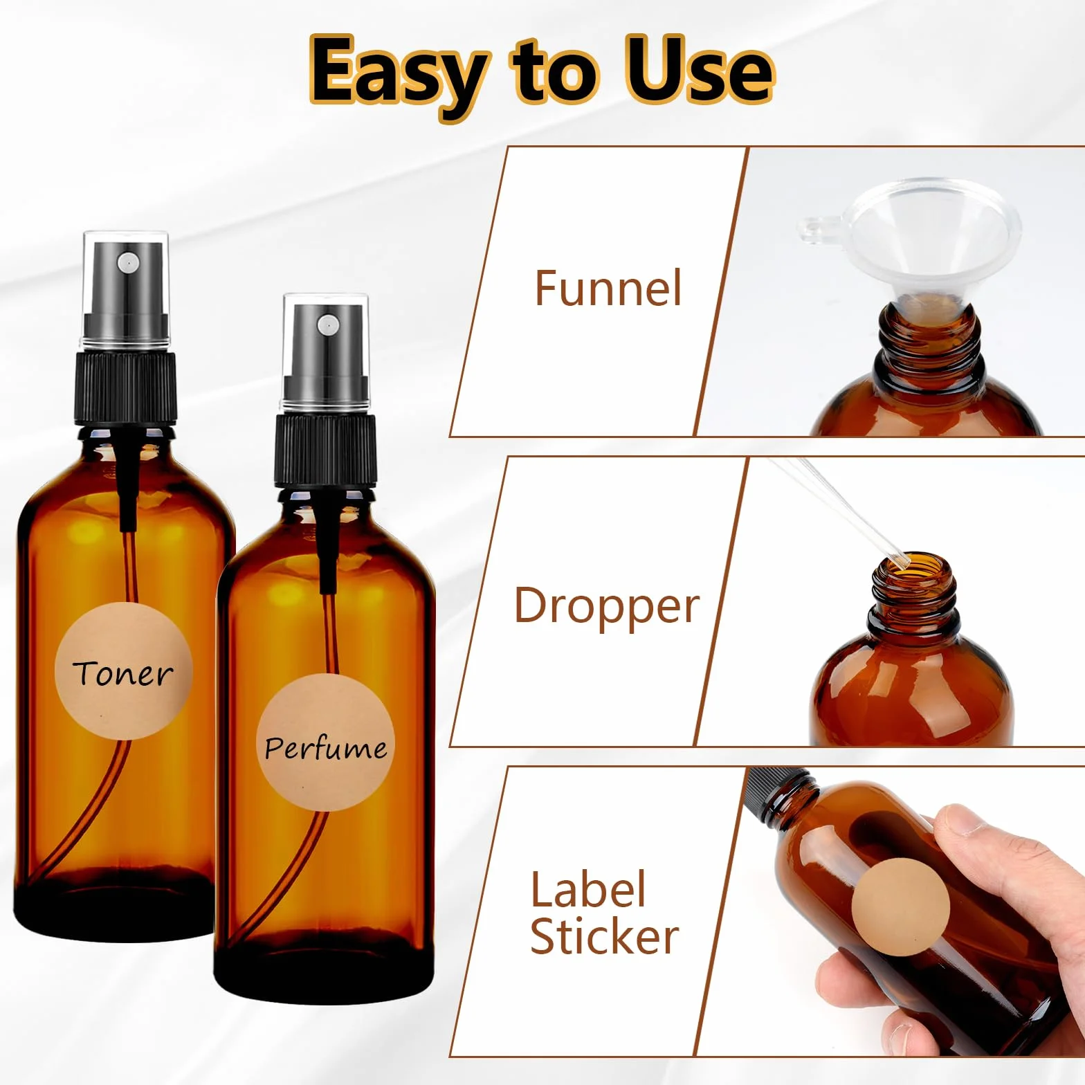 Maxmoc 100 ml, flacone spray in vetro marrone, 2 pezzi, piccolo vetro, nebulizzatore ricaricabile con imbuto, contagocce ed etichette per acqua, alcool, cosmetici, profumi, aromaterapia