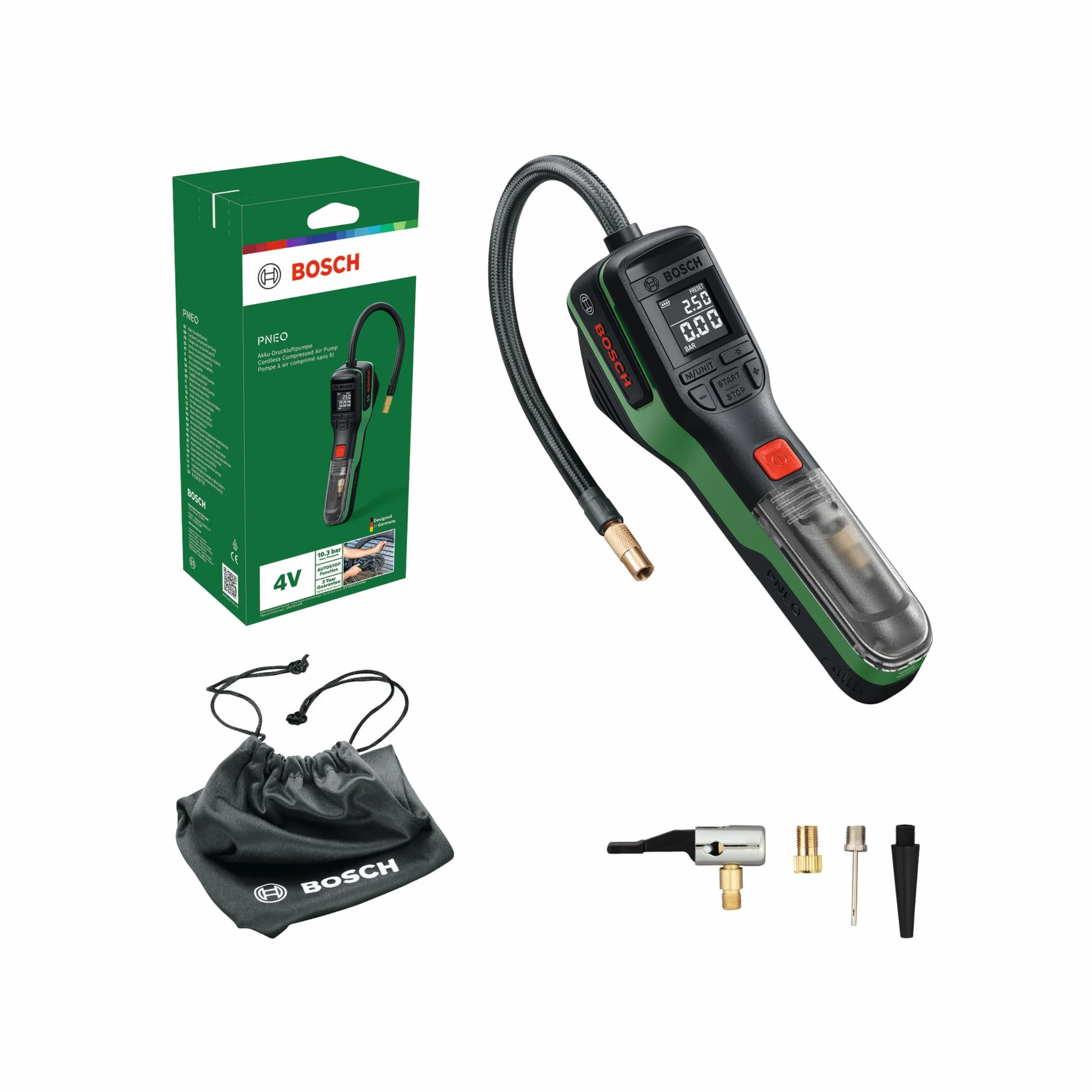 Bosch PNEO Compressore a batteria 4V 3.0 Ah con adattatori di pressione e borsa