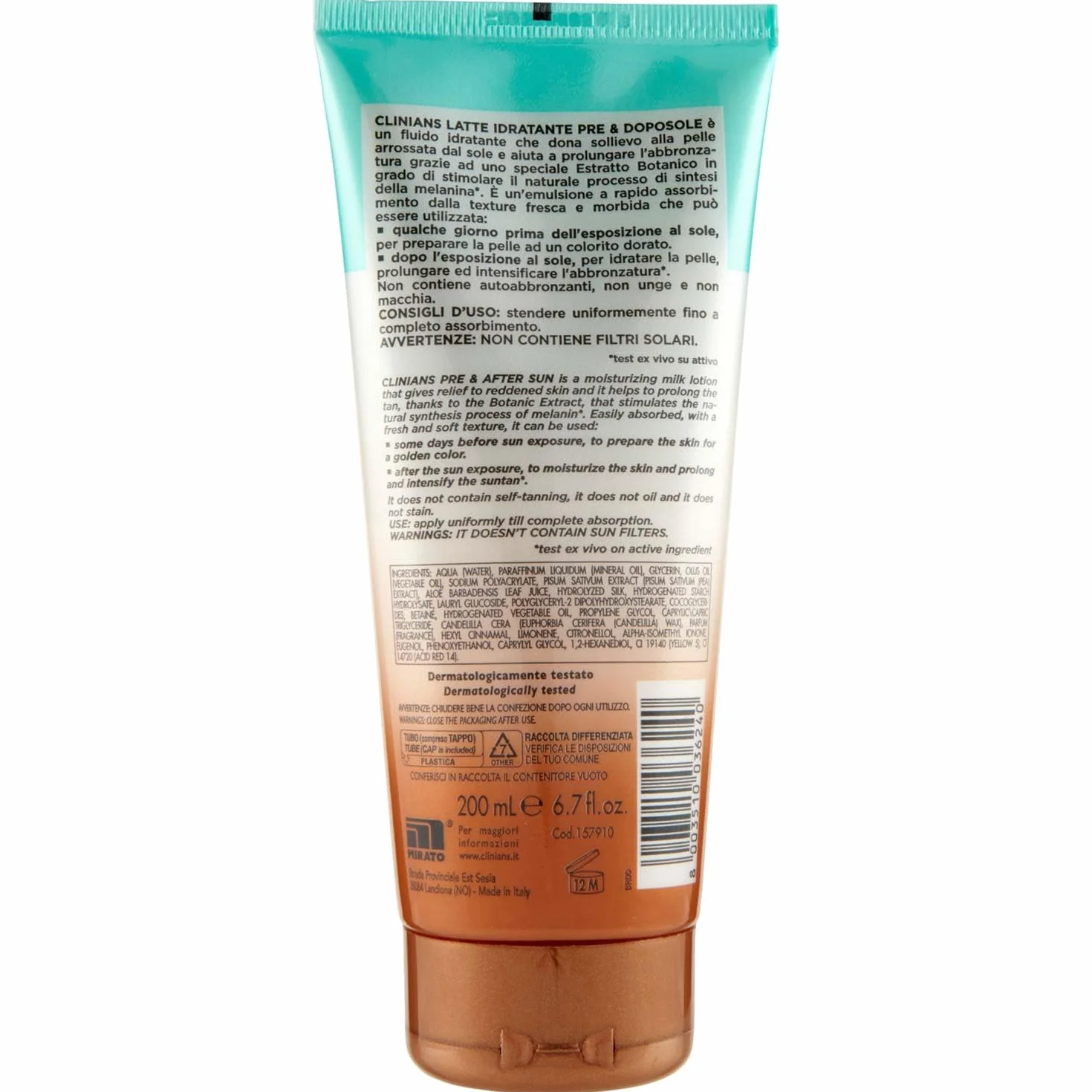 CLINIANS | Latte Idratante Pre&Dopo Sole, con Attivatore di Melatonina, 200mL