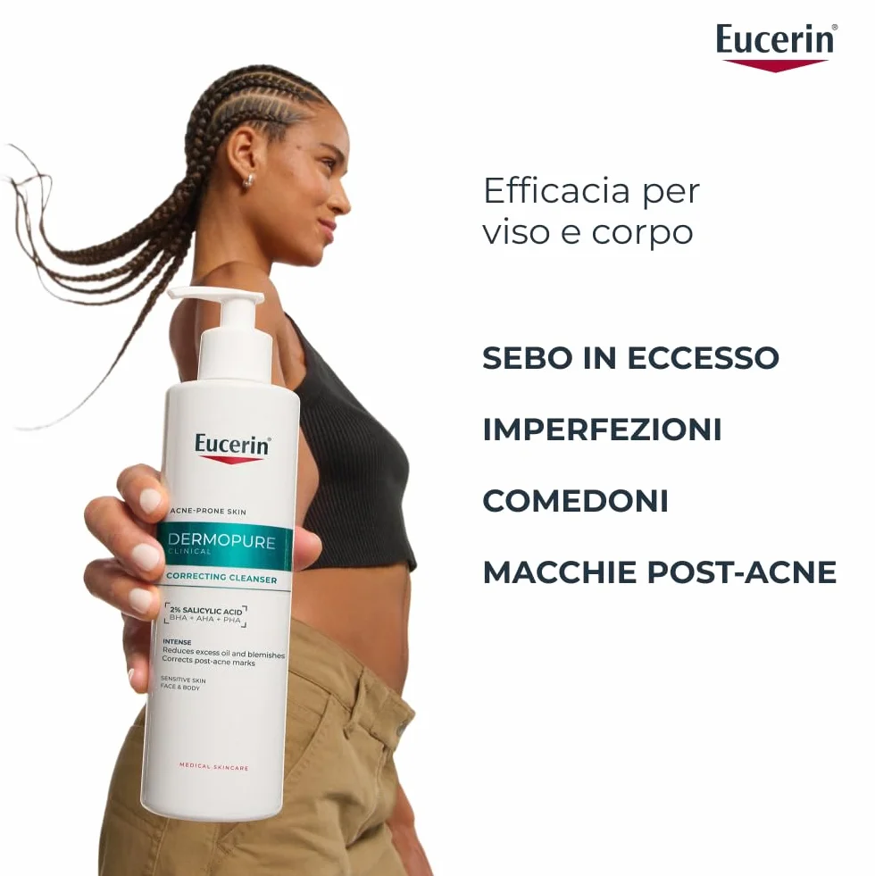 Eucerin DermoPure Clinical Detergente Viso Tripla Azione 400 ml, Detergente schiumogeno viso anti macchie, imperfezioni e lucidità con 2% Acido Salicilico per pelle grassa e a tendenza acneica