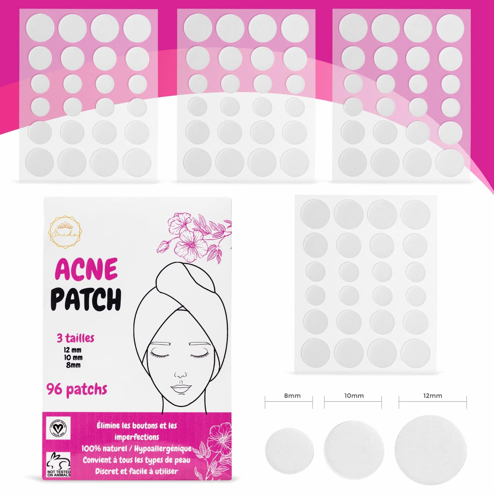 Enida – 96 patch anti-brufoli invisibili | 3 misure | azione mirata in una notte | patch idrocolloidi per acne | Cura viso discreta per adolescenti e adulti, senza profumo + eBook di bellezza in