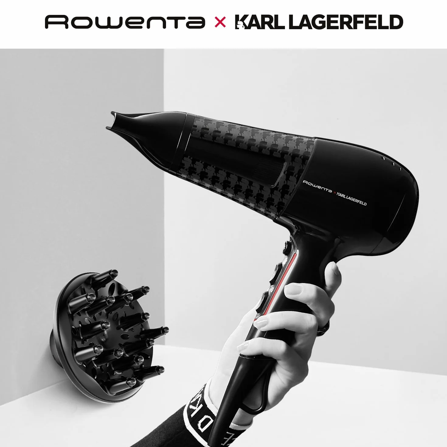 Rowenta x Karl Lagerfeld CV591L Powerline Asciugacapelli, 2300 W, Boost di Ioni, Impostazione Thermo Control per Proteggere i Capelli, 6 Impostazioni di Velocità/Temperatura