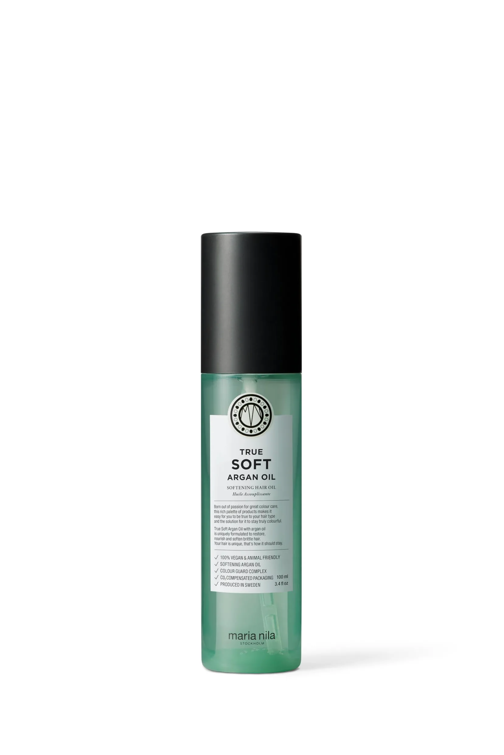 Maria Nila True Soft, Olio di argan 100 ml, per capelli secchi, di facile assorbimento, reidrata e riduce l’effetto crespo, prodotto 100% vegano e senza solfati/parabeni
