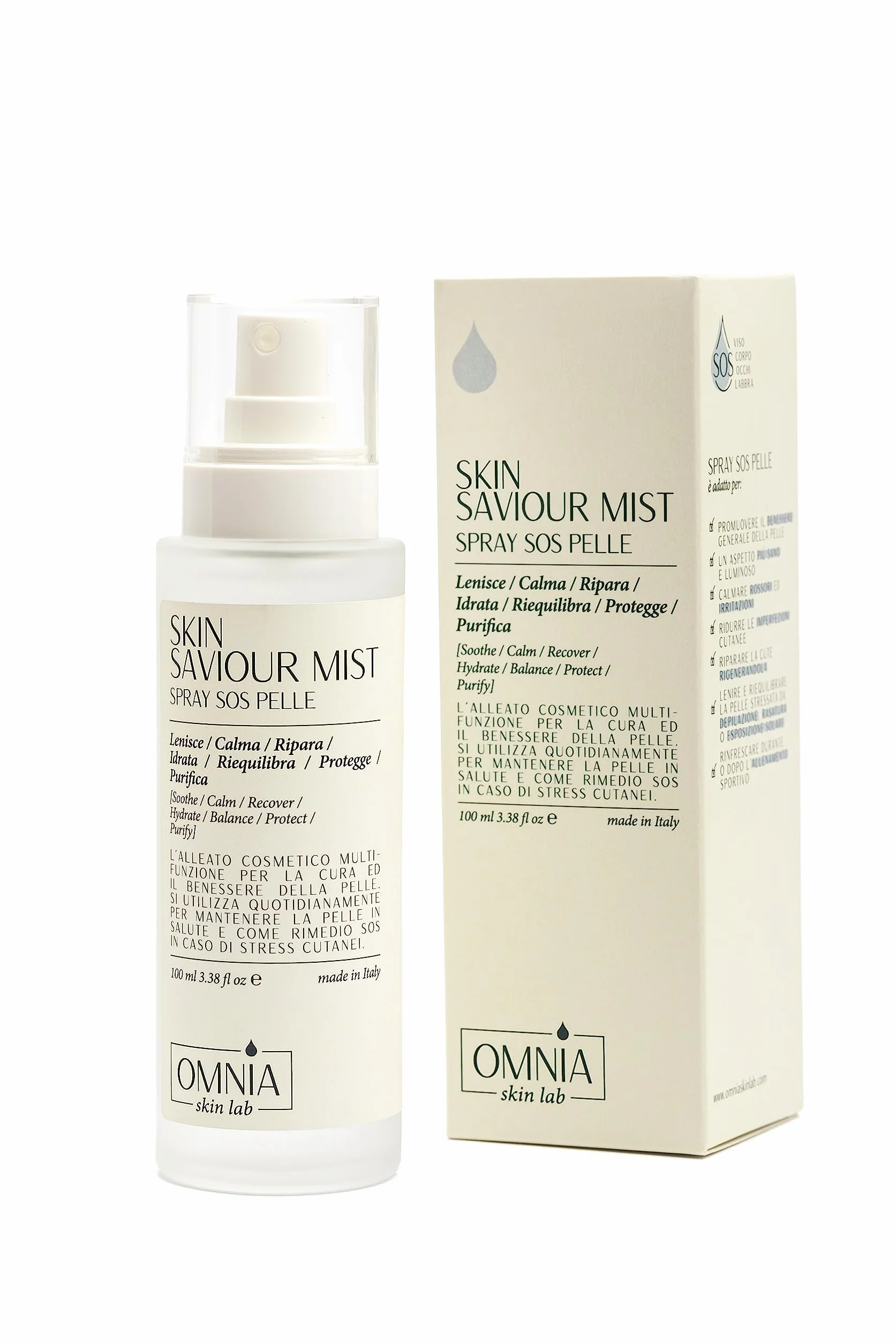 OMNIA Skin Saviour Mist Viso e Corpo Multiuso 7 in 1 Naturale con Acido Ipocloroso Spray Viso Lenitivo, Calmante, Riparatore, Idratante, Riequilibrante, Protettivo, Purificante, Anti acne