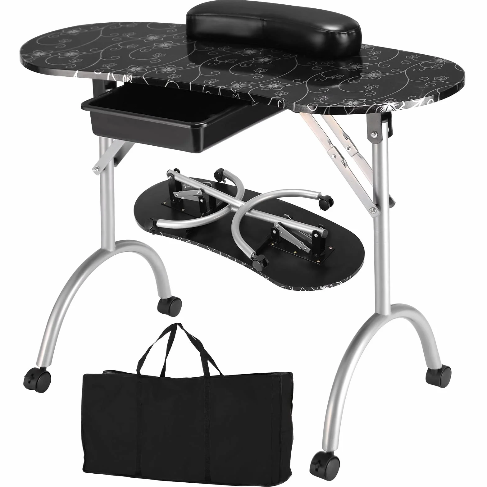 COSTWAY Tavolo per Manicure, Tavolo per Unghie Pieghevole per Estetista con Ruote, Cassetto e Cuscino Poggiapolsi (Nero)