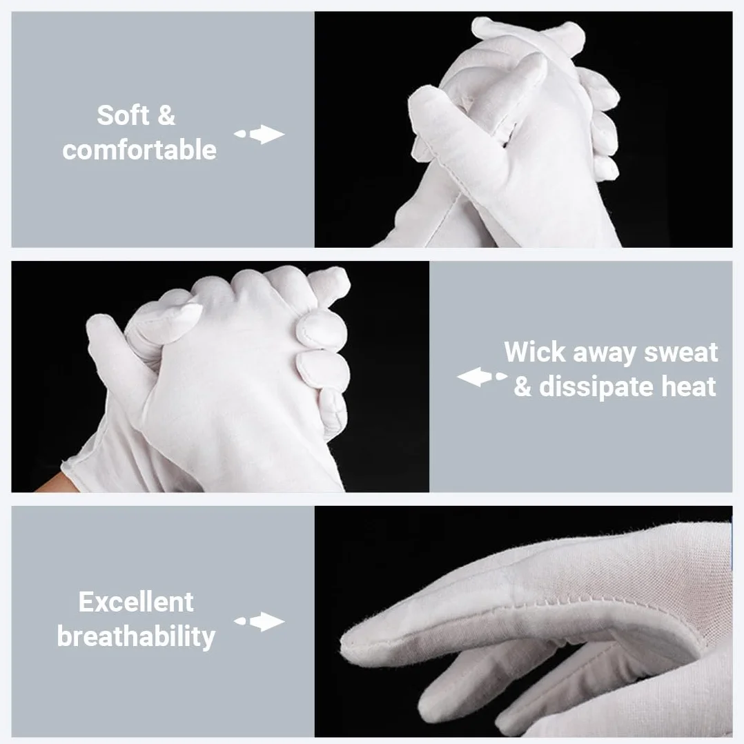 3 Paia Guanti in 100% Cotone per Cosmetici e Creme Idratanti, Ideali per Mani Secche ed Eczema, per Creme di Bellezza, per Manipolare Monete Gioielli Argento (Bianco)