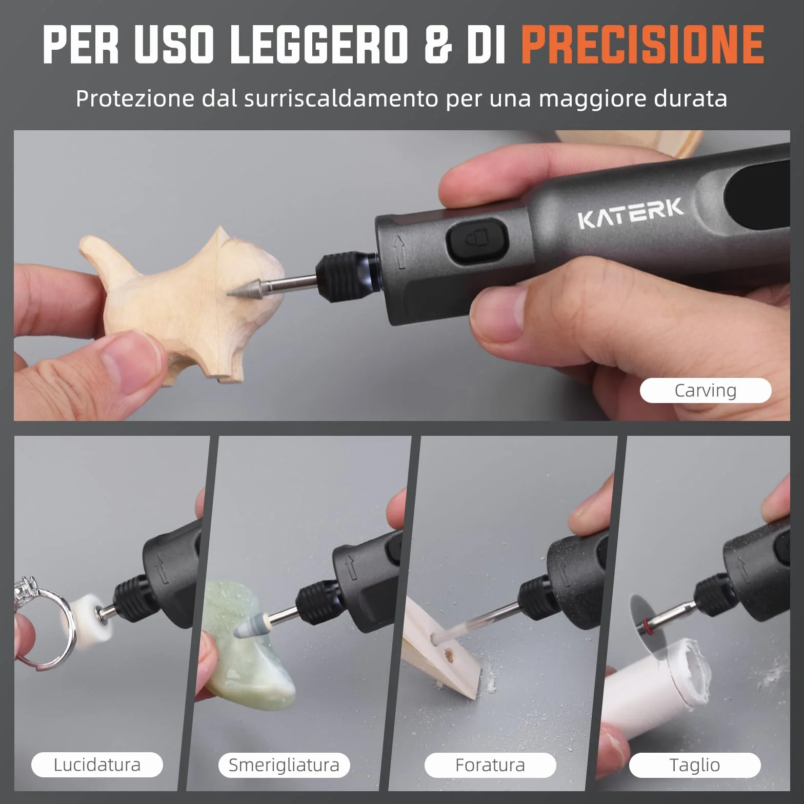 Katerk Kit di Utensile Multifunzione 3.7V Utensile Rotante 20000 giri/min 2500mAh 70 Accessori per Foratura Fresatura Incisione Lucidatura Grigio