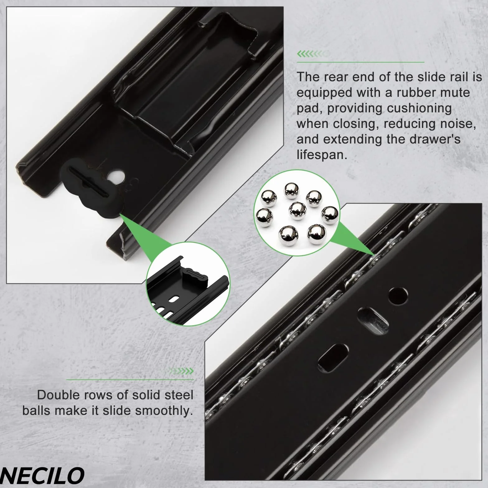 NECILO guide cassetti 200mm 45kg estrazione totale cuscinetti sfera nero 1 coppia