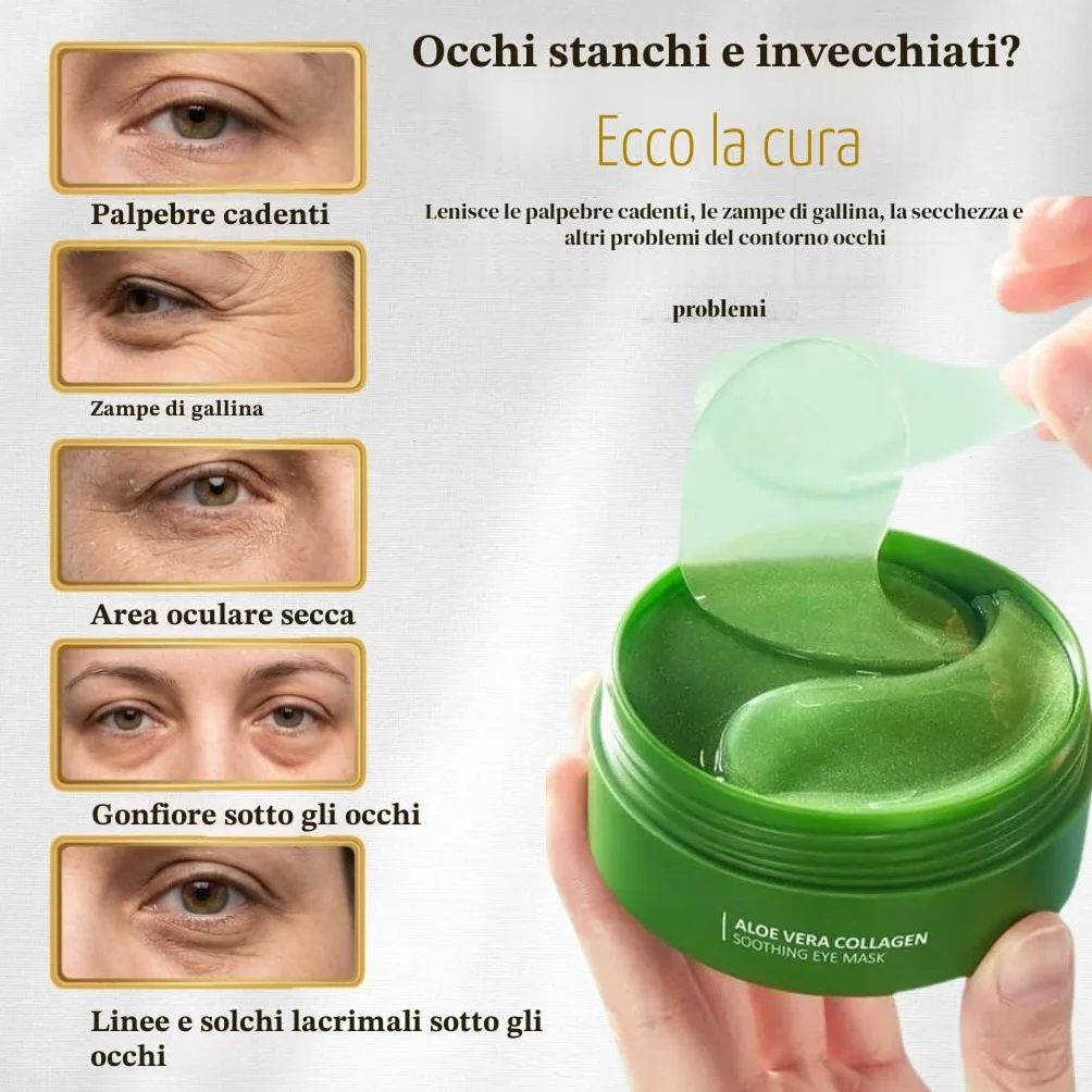 Aloe Vera Patch Occhi Antirughe, 60 Pcs Collagene Patch Occhiaie e Borse, Maschera Occhi Riduce le Rughe e le Linee Sottili, Migliora e Rassoda la Pelle degli Occhi, Contorno Occhi Idratante