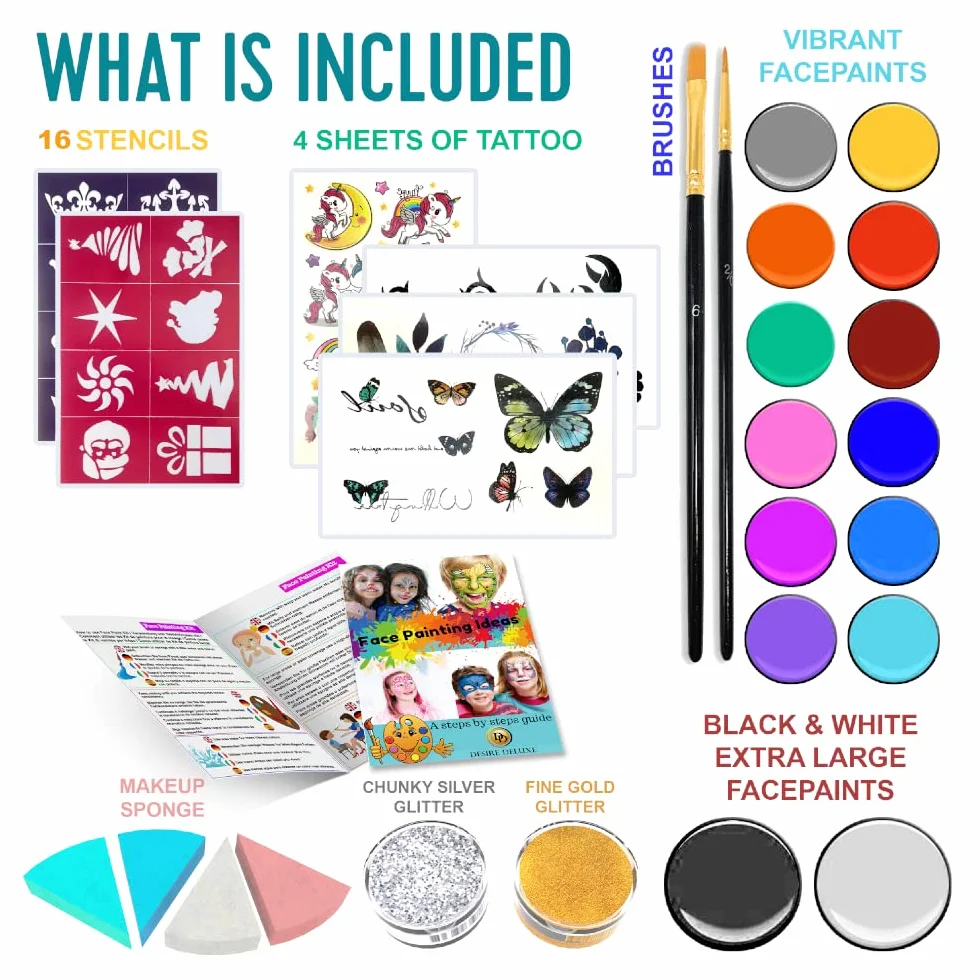 Desire Deluxe Kit Truccabimbi Set Colori per il Viso Tavolozza con Glitter, Stencil e Tatuaggi per Bambini, Ragazzi e Ragazze Regalo Perfetto per Halloween, Natale, Compleanno e Feste