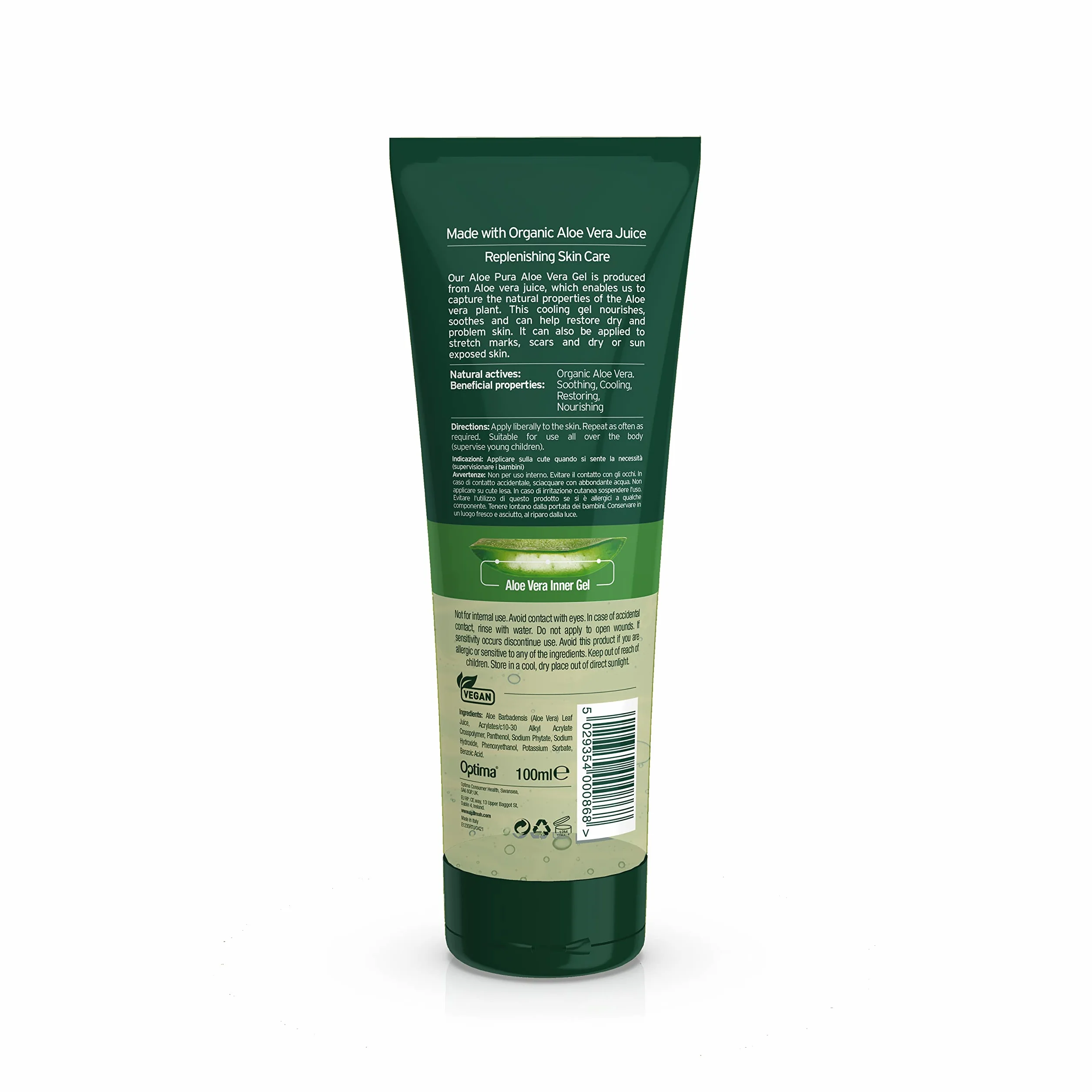 Gel Aloe Pura Aloe Vera, Naturale, Vegano, Senza Crudeltà, Senza Parabeni e SLS, Rinfrescante, Lenitivo, 100ml