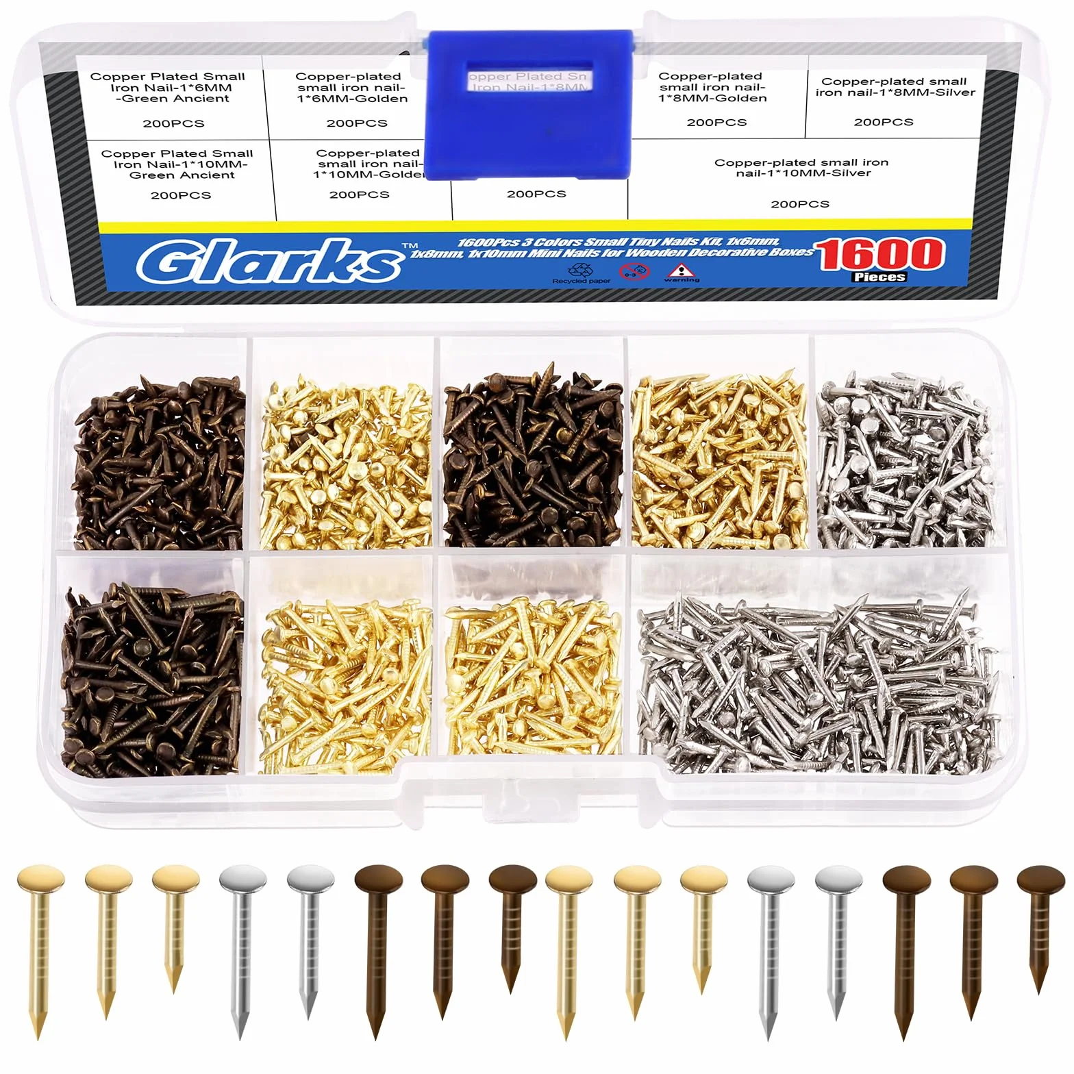 Glarks 1600 pezzi Kit Chiodi Mini 1x6mm 1x8mm 1x10mm Argento Oro Bronzo per Fai da Te