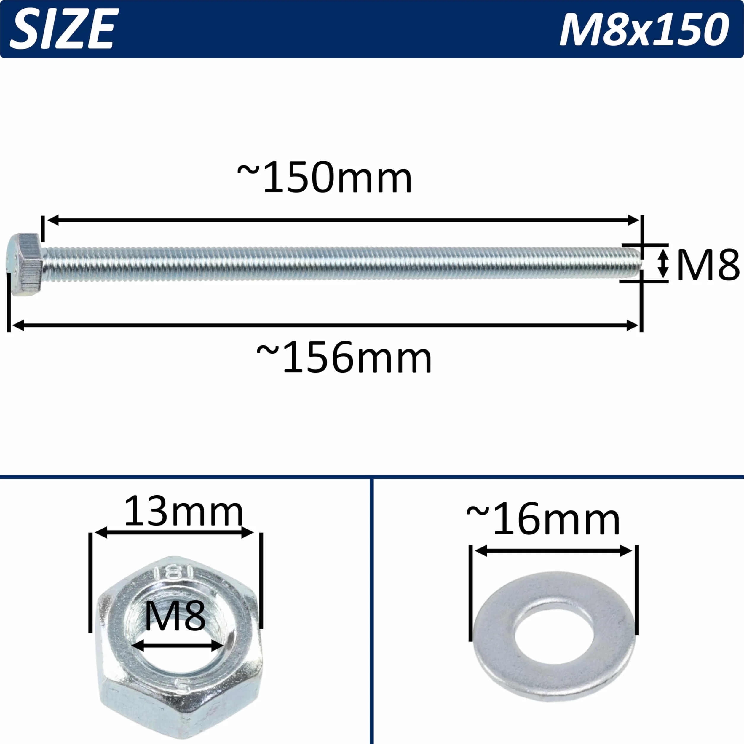 AERZETIX Set bulloni M8x150 mm testa esagonale 5 pezzi + rondelle M8x16 mm + dadi esagonali M8