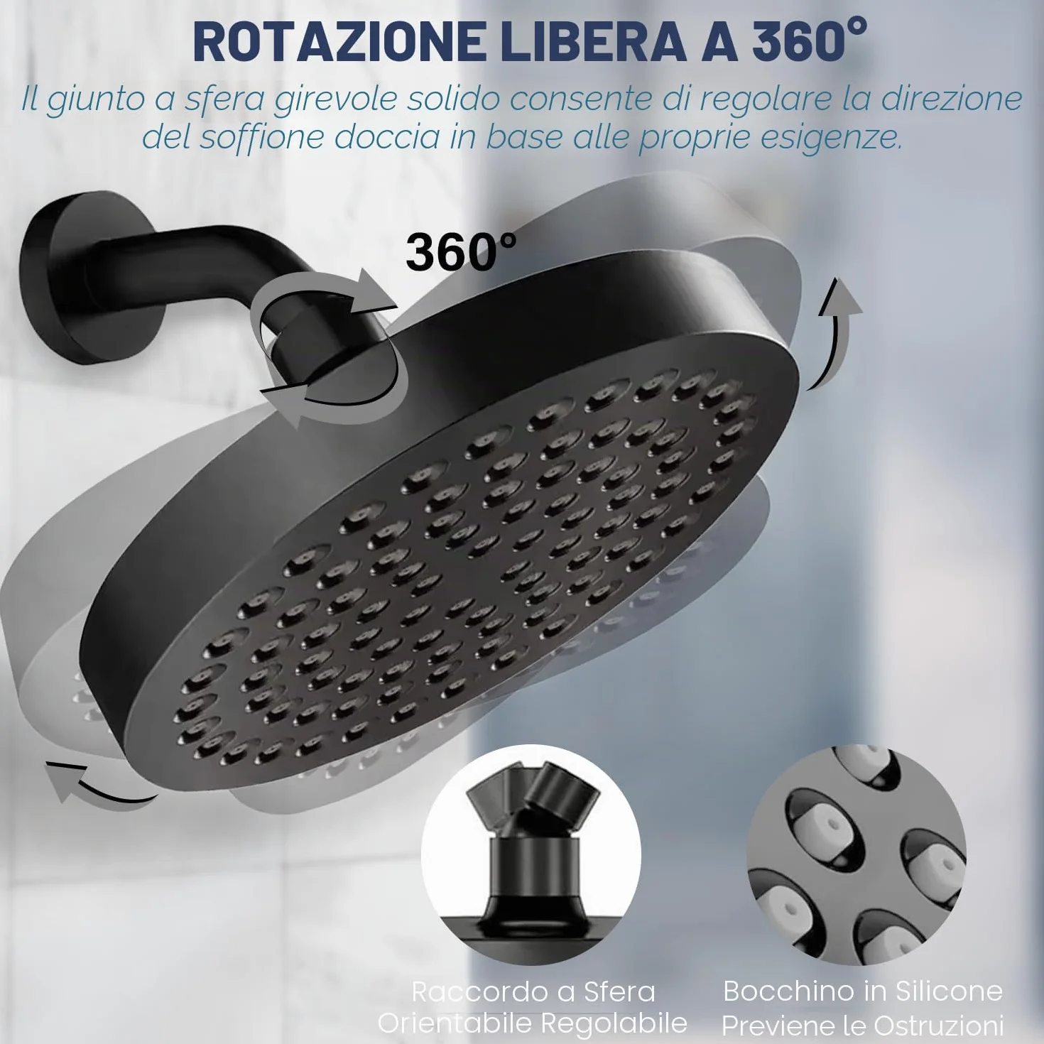 Soffione Doccia Anticalcare Fisso Pioggia Rotondo Regolabile 360° Pulizia Automatica Negro