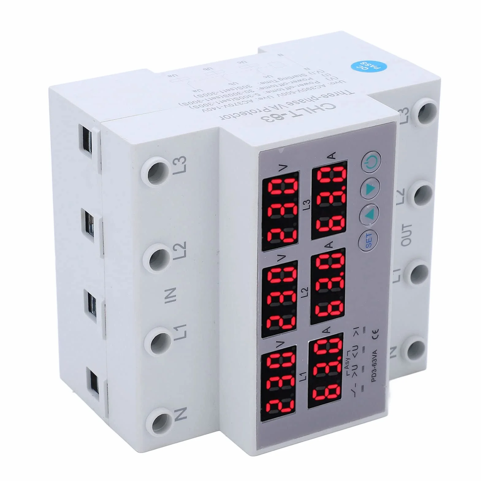 Voltmetro trifase AC 390-500V guida DIN 63A amperometro protezione sovratensione sottotensione regolabile
