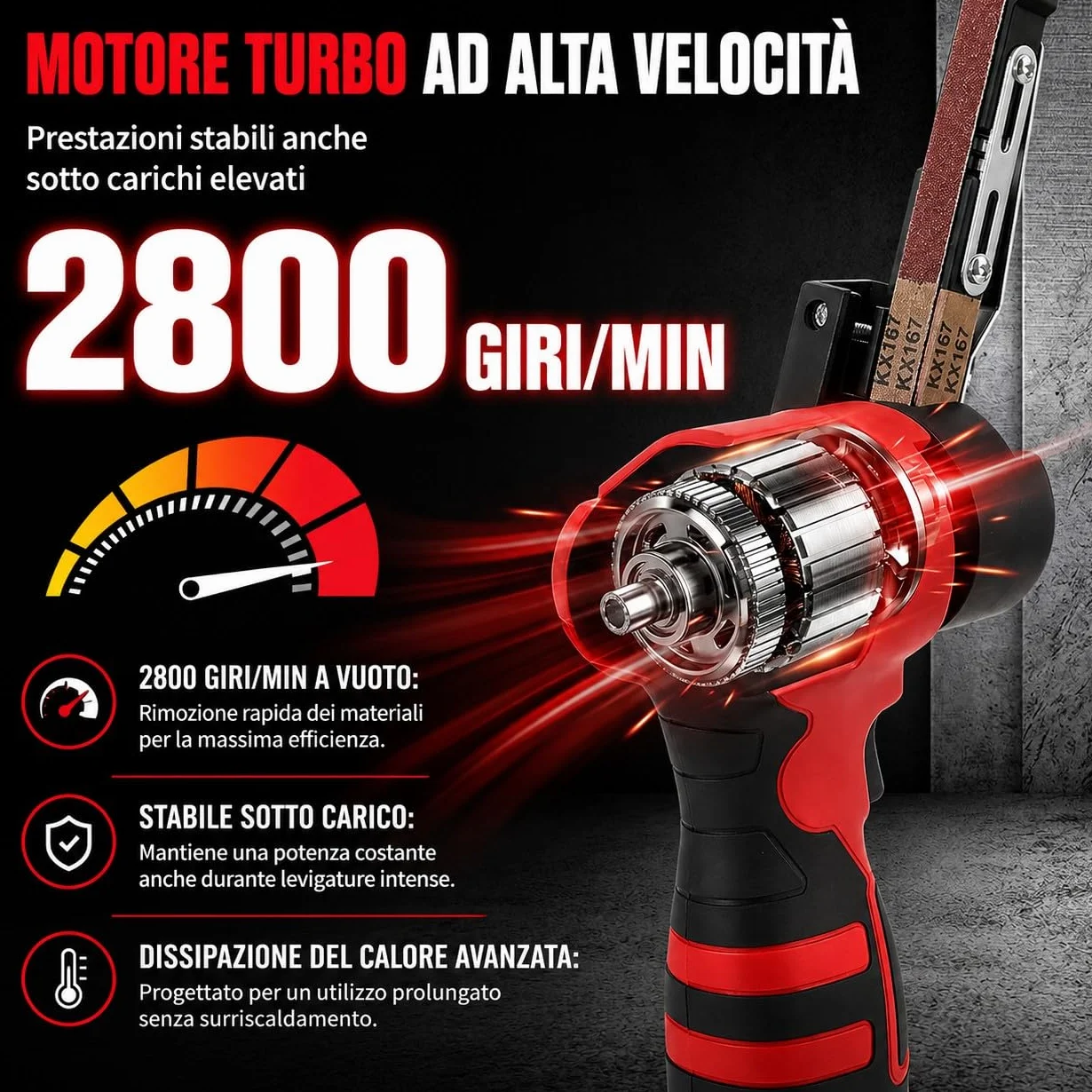 Mini Levigatrice a Nastro a Batteria 24V 10x330mm 360° con 2 Batterie 10 Nastri Abrasivi per Metallo Legno