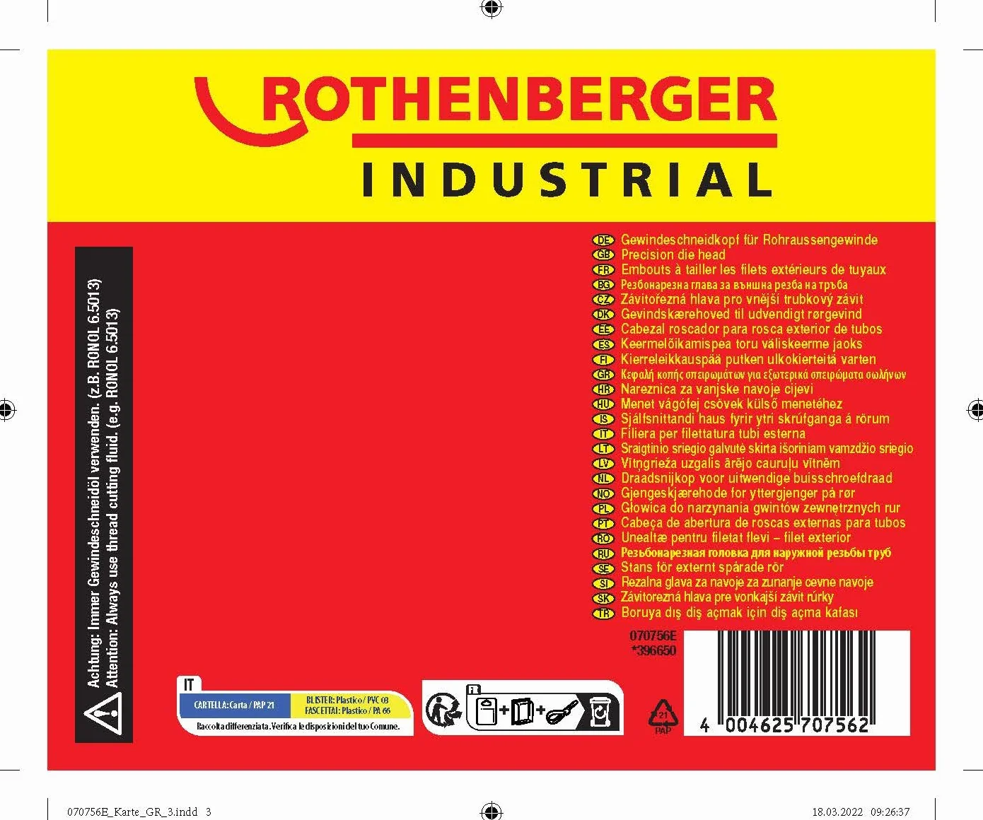ROTHENBERGER Testa di taglio filettata Ø 1/2" per filettatura conica 070756E