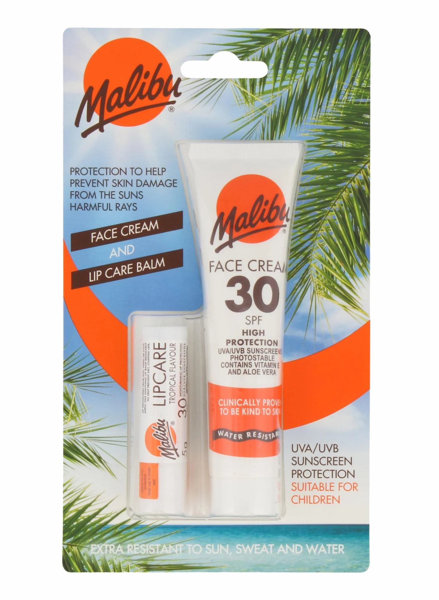 Malibu Duo Pack Protezione solare Crema Viso e Lip Balm SPF 30 Water Resistant