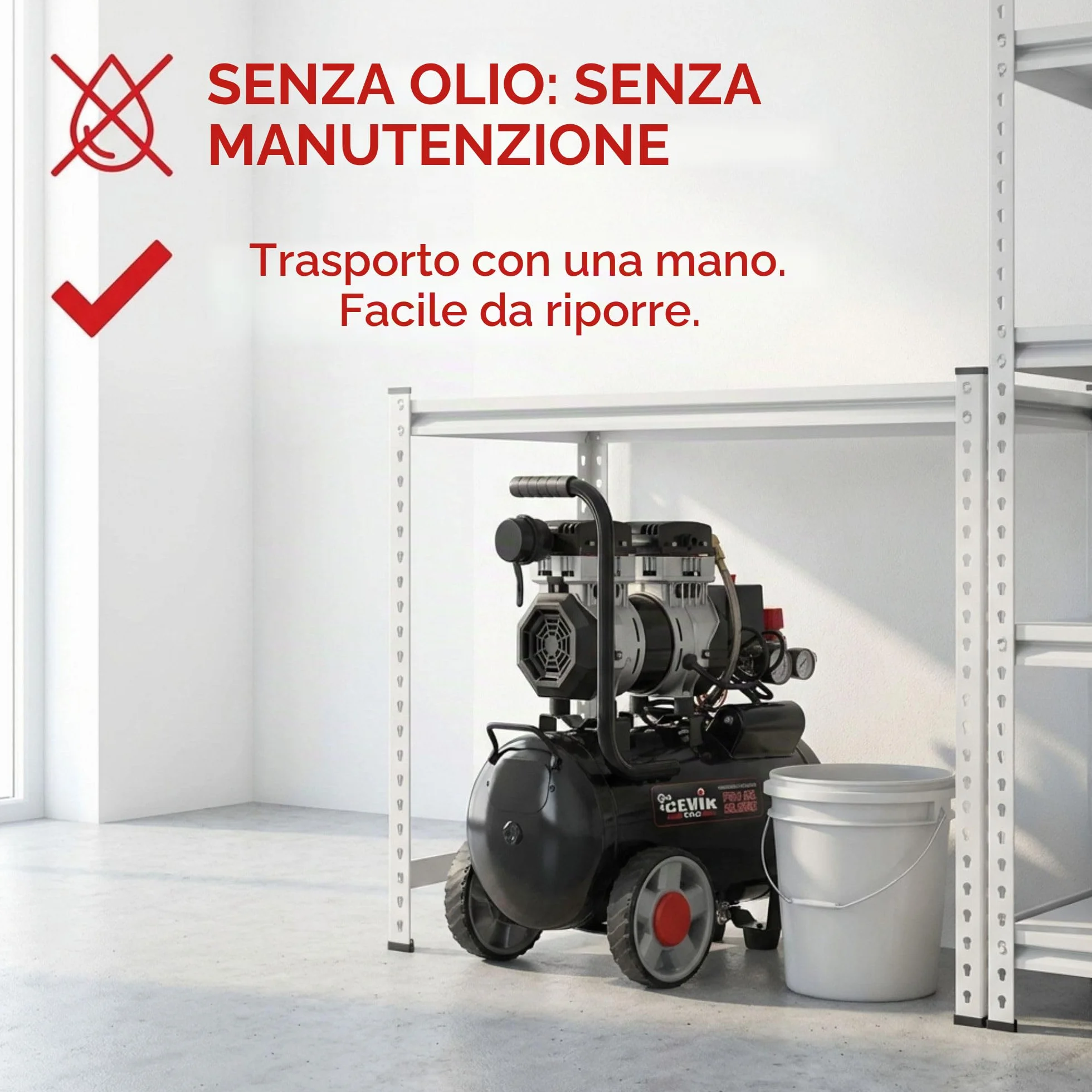 CEVIK PRO CA-PRO25SILENC Compressore Aria Silenzioso 25L 1.5HP 150 l/min 8 Bar Senza Olio Portatile Doppia Uscita