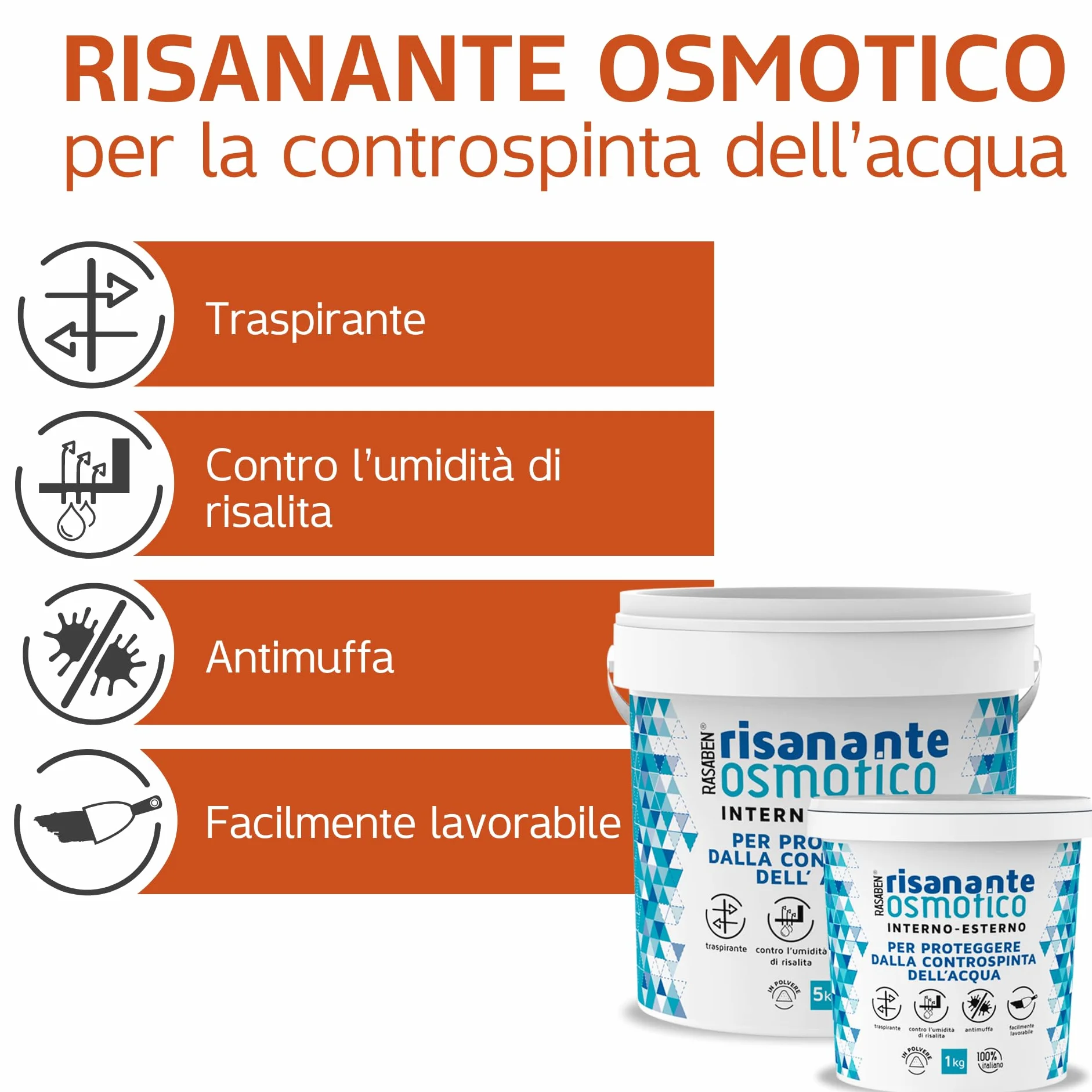 RASABEN Risanante Osmotico Stucco in Polvere per Risanamento Murature Umide Impermeabilizzare Pareti Pavimenti Antimuffa Traspirante 1kg Made in Italy