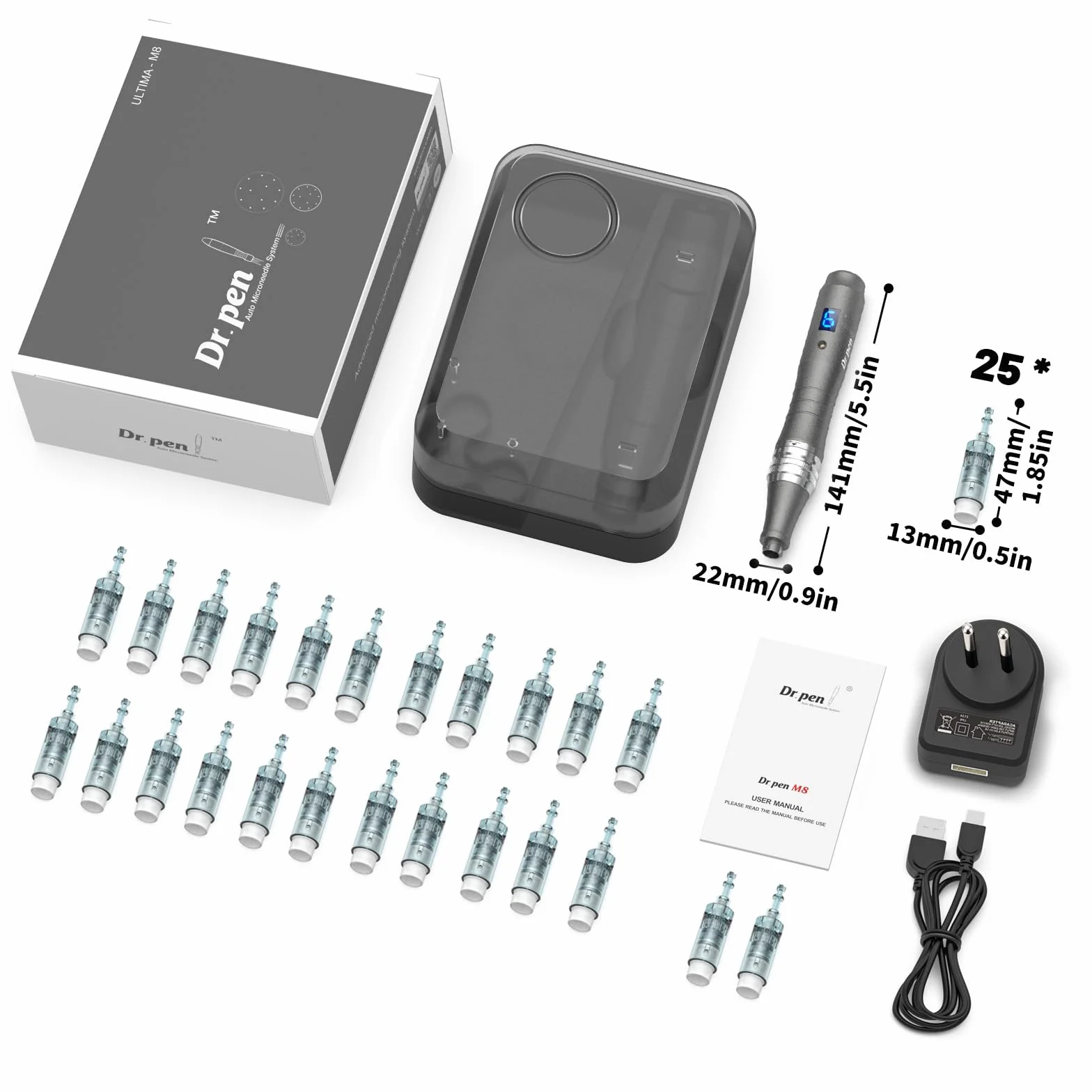 Dr. Pen M8S Microneedling Pen Professionale Wireless, Dermapen Elettrico Senza Fili con 25 Cartucce Aghi Originali, 6 Velocità Regolabili e Display LED, Trattamento Pelle Viso, Capelli e Corpo
