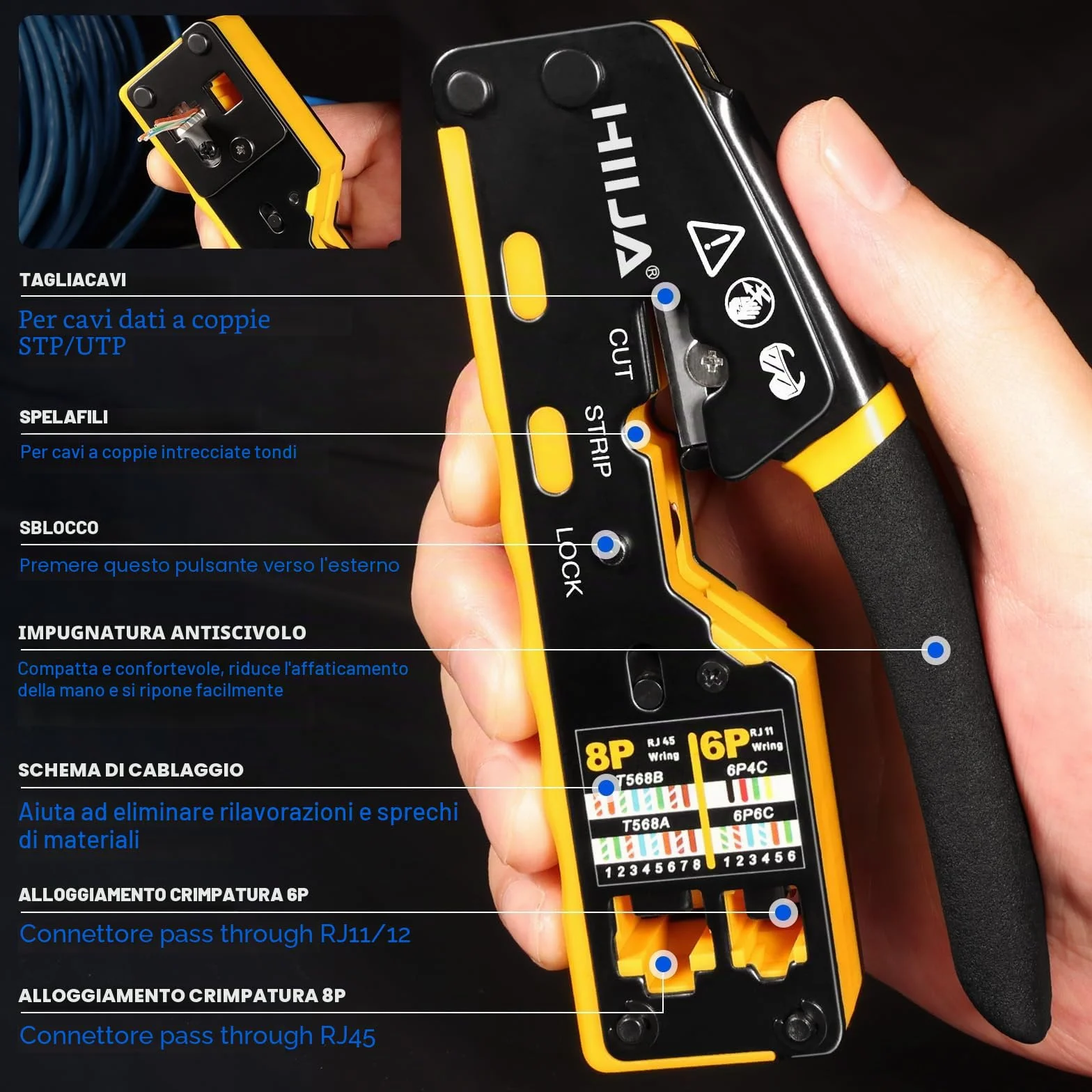 Pinza Crimpatrice RJ45 Passante per Connettori Ethernet Cat6 Cat5 Cat5e con Tester Cavi di Rete 50 Connettori RJ45 50 Coperture RJ45