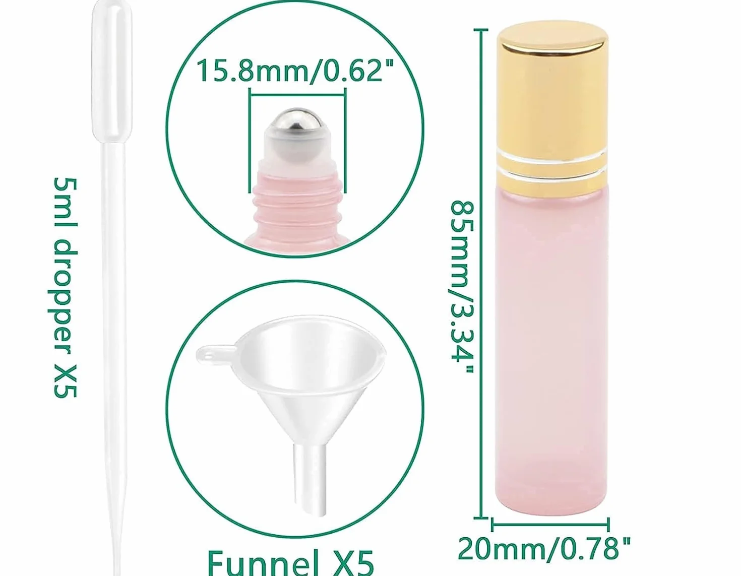 Bottiglie roll-on per oli essenziali, 10 ml, vuote, ricaricabili, in vetro, con tappo dorato, per profumi, aromaterapia, colore: Rosa Perlato