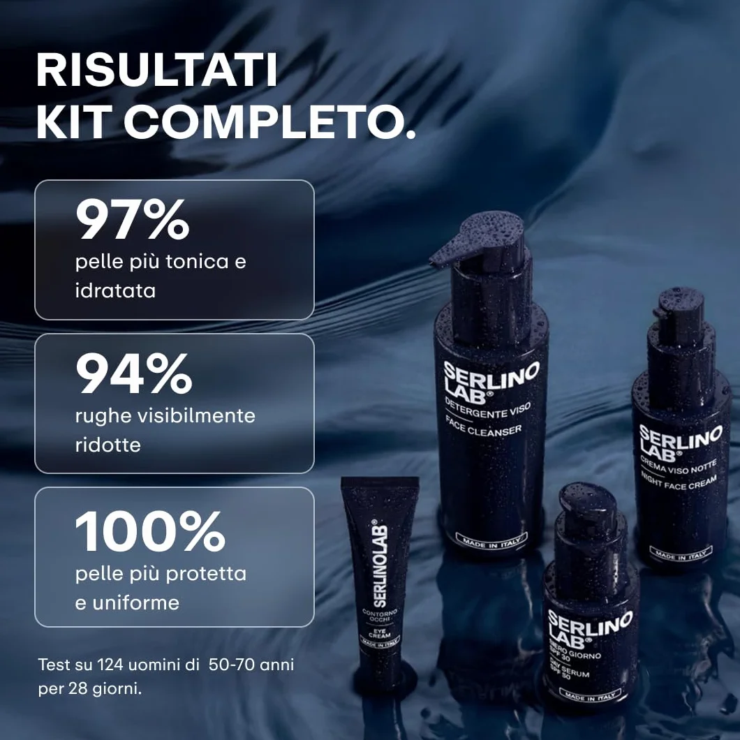 SERLINO LAB Kit completo Skincare Antirughe, Detergente, Contorno Occhi, Siero Giorno SPF30, Crema Notte, tutto made in italy