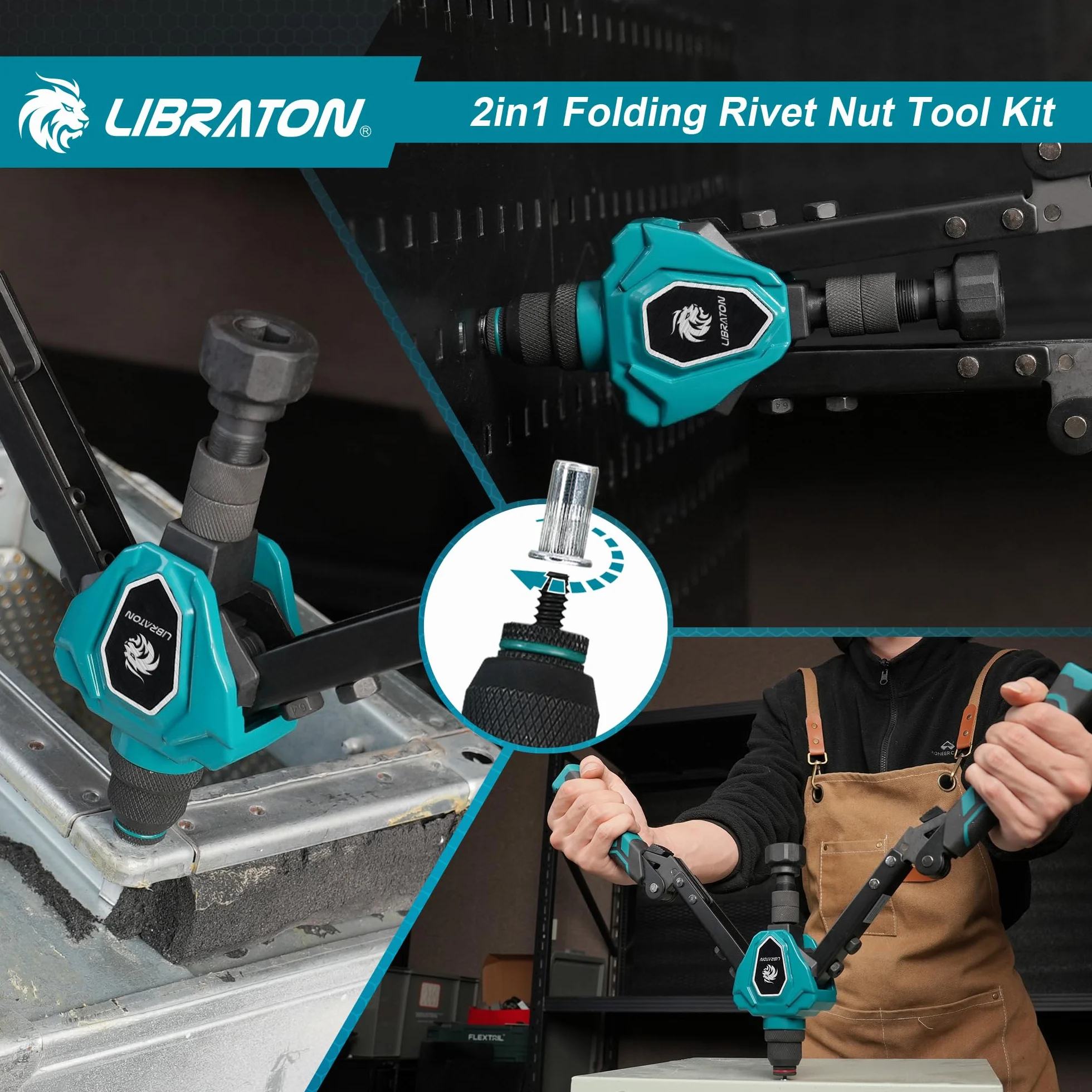 LIBRATON Rivettatrice Pieghevole 2 in 1 per Inserti Filettati, 7 Mandrini M3-M12, 5 Teste 2.4-6.4mm, 70 Inserti 200 Rivetti