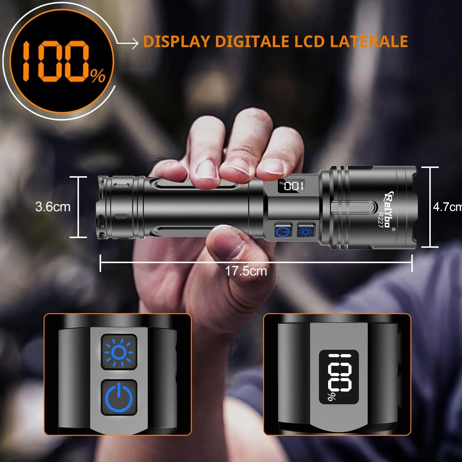 Relybo XHM90.2 Torcia LED 1,000,000 Lumens Ricaricabile USB C Dimmerabile Tattica