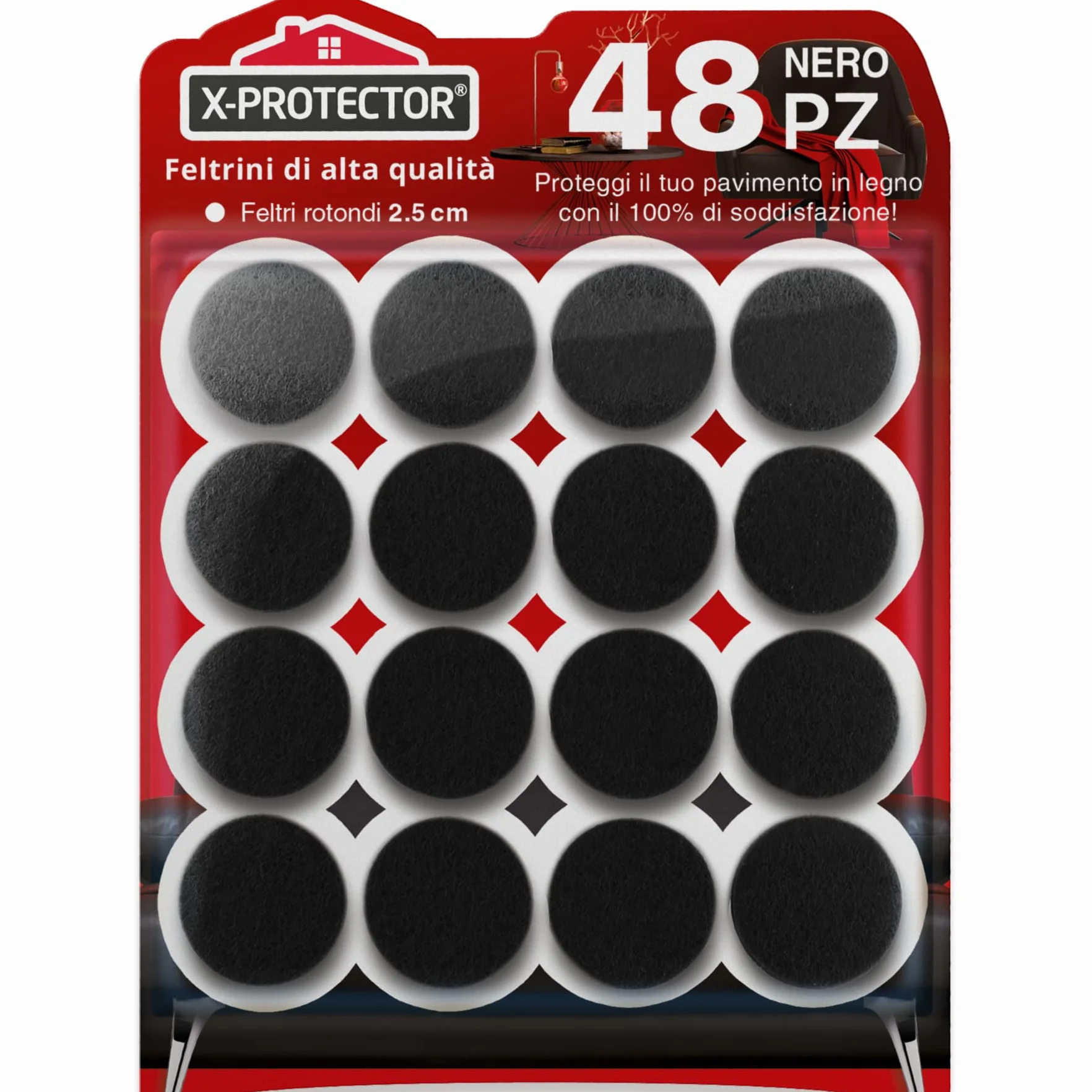 Feltrini per gambe di mobili X-PROTECTOR 48 szt. NERI 25 mm do podłóg drewnianych