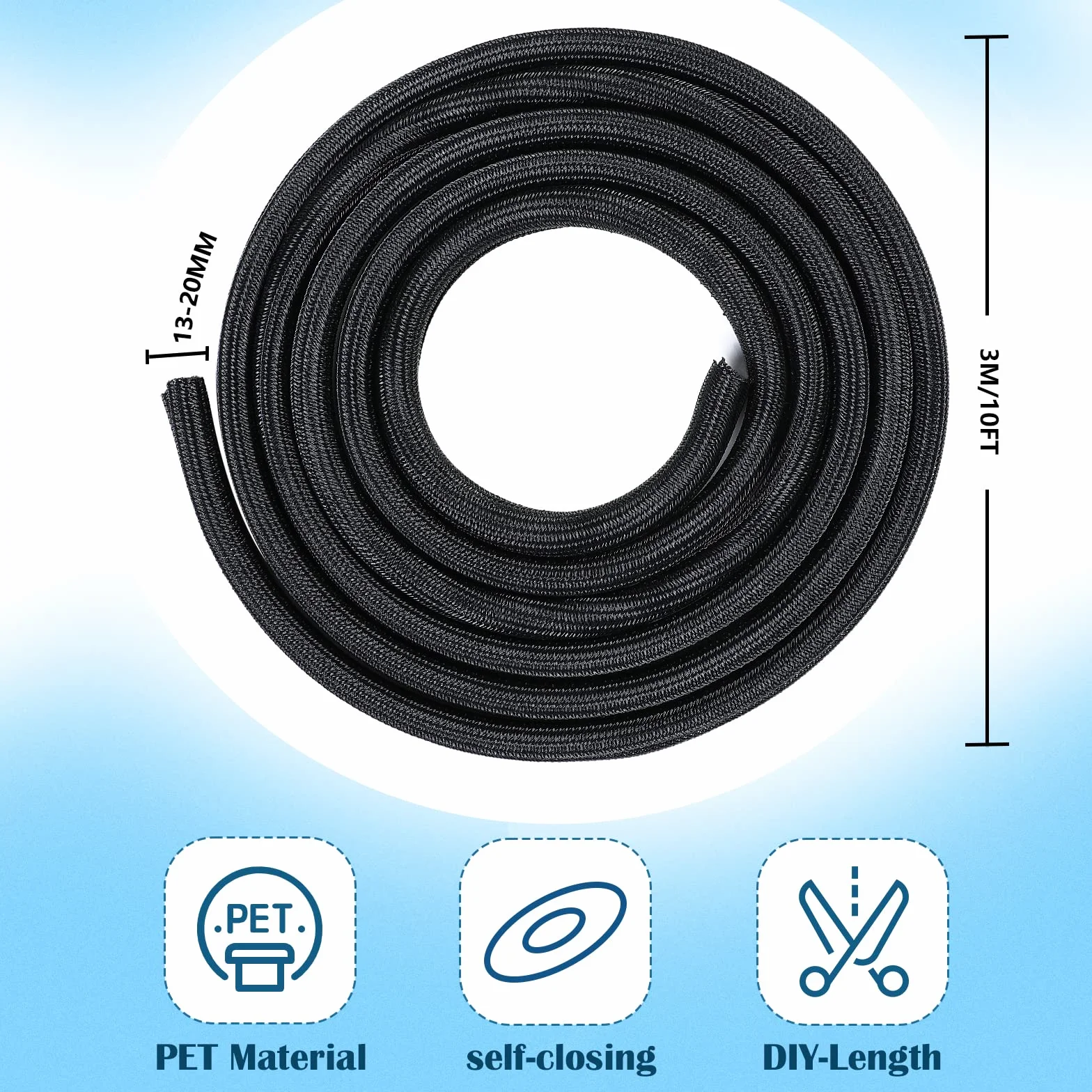 Romon 3M Guaina Cavi Intrecciata Flessibile Self-closing 13-20mm Nero