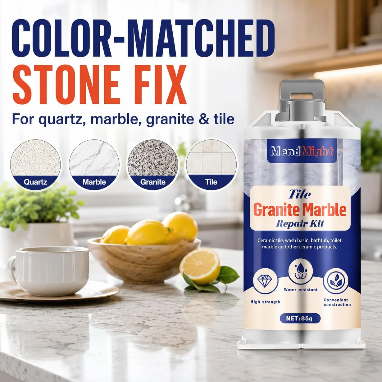 Kit Riparazione Piastrelle, Colla per Ceramica, Stucco per Piastrelle per Scheggiature, Crepe, Graffi su Granito, Marmo, Quarzo