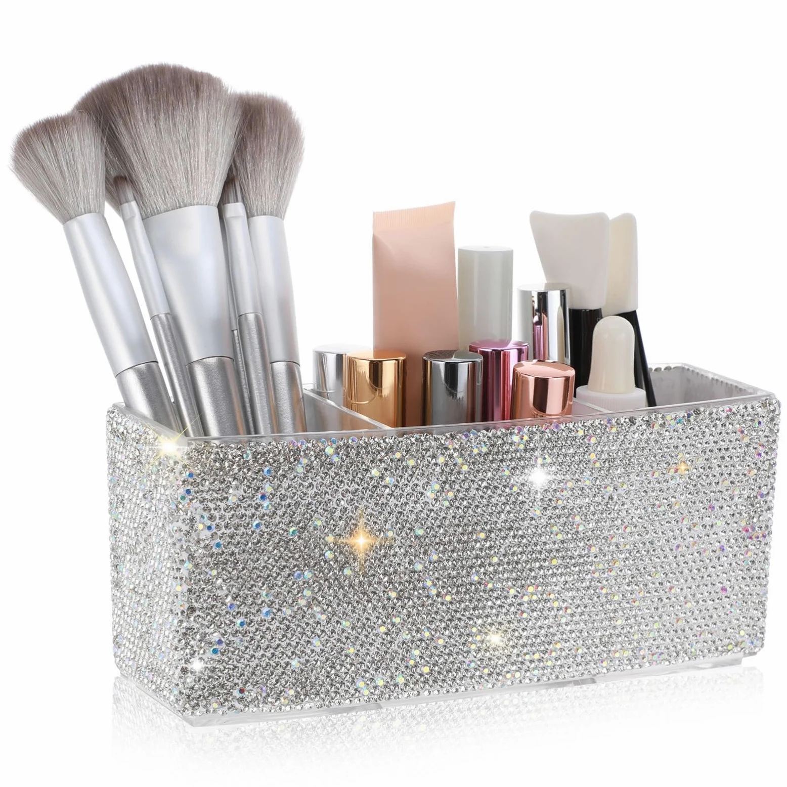 TEHAUX Organizer da scrivania da donna: organizer per trucchi, custodia per pennelli da trucco con 3 scomparti, contenitore per cosmetici per matite per sopracciglia, rossetti (argento)