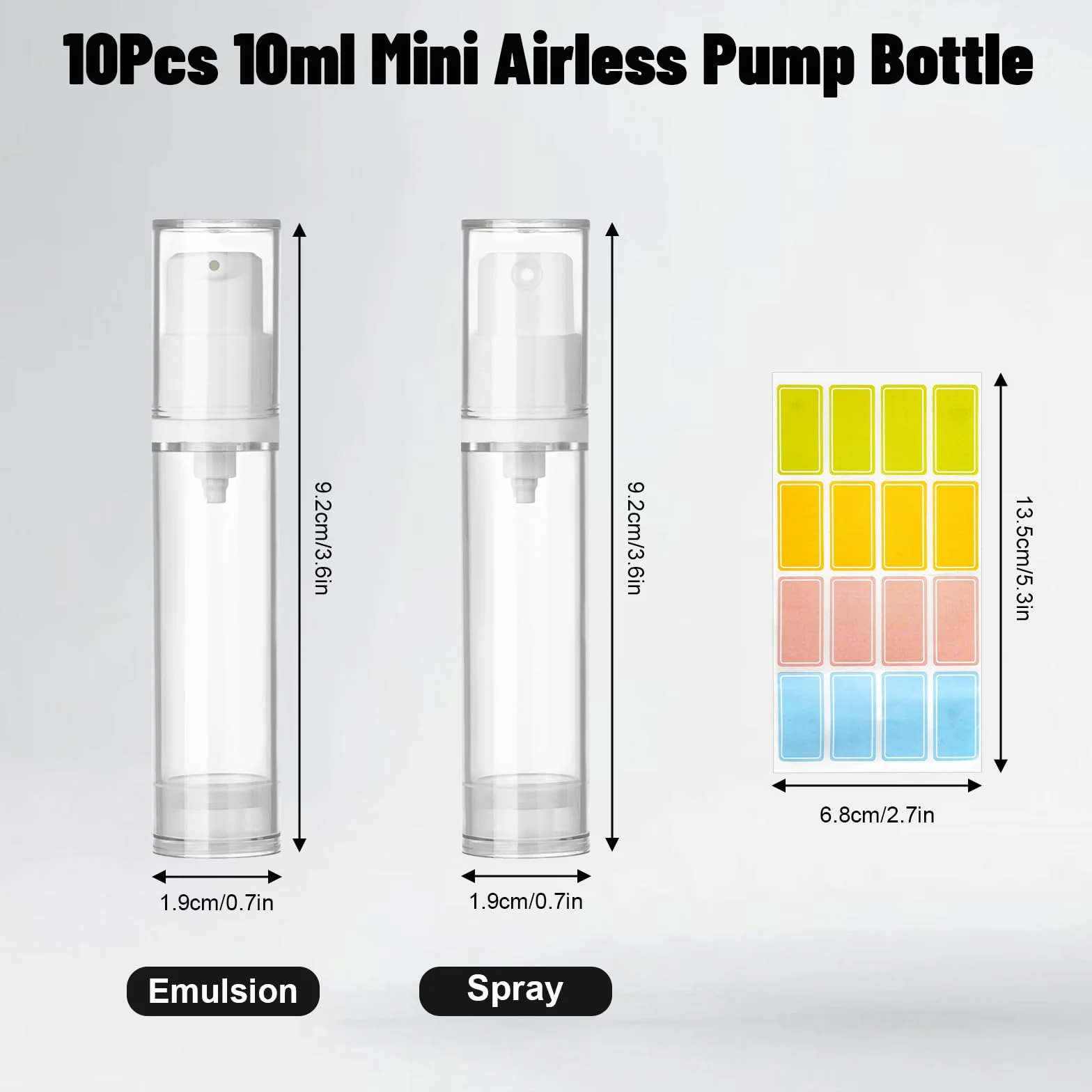 Leikedun 10 flaconi vuoti a pompa airless da 10 ml, ricaricabili, trasparenti, da viaggio, contenitori per cosmetici, con adesivi, per fondotinta, essenza, crema, lozioni, articoli da toeletta