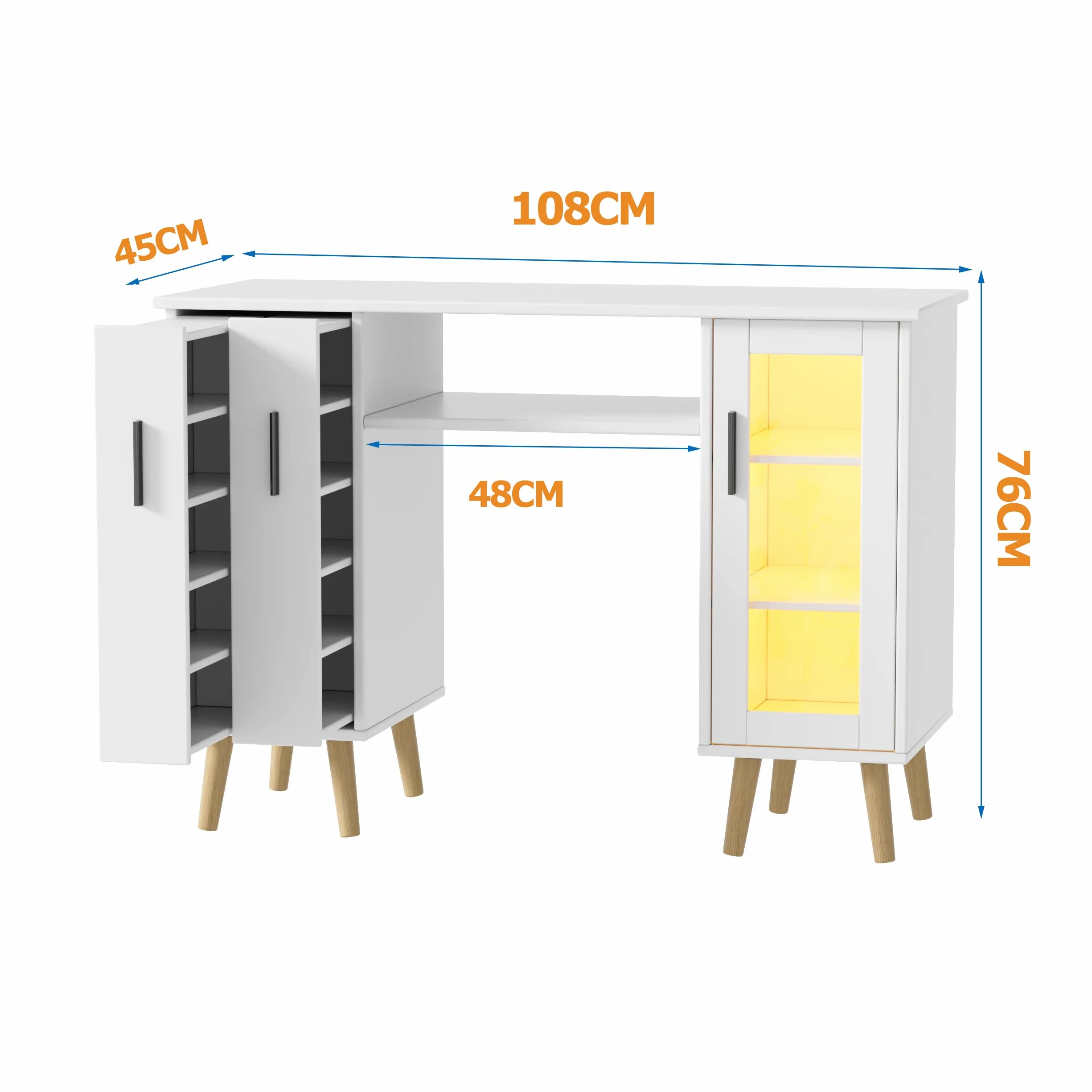 Tavolo per Onicotecnica,Tavolino Professionale per Unghie in Legno con 2 Armadietti Verticali Estraibili,Mobiletto a 3 Ripiani di Grande Capacità,Luci LED Regolabili per Salone di Bellezza,108*45*76cm