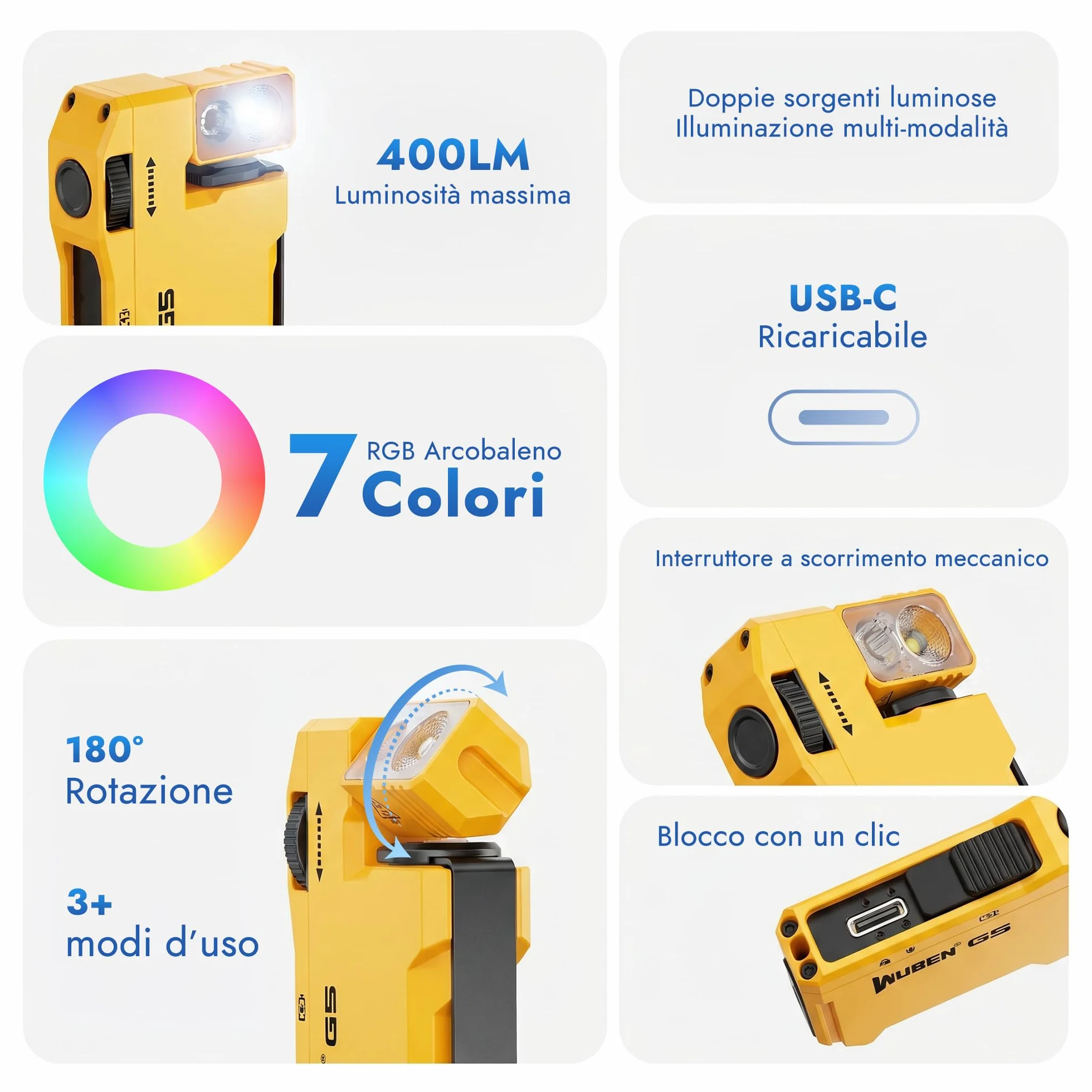 WUBEN G5 Torcia LED Ricaricabile USB 400 Lumen Luce RGB Base Magnetica Impermeabile 6 Modalità Campeggio Escursionismo Emergenze EDC Giallo