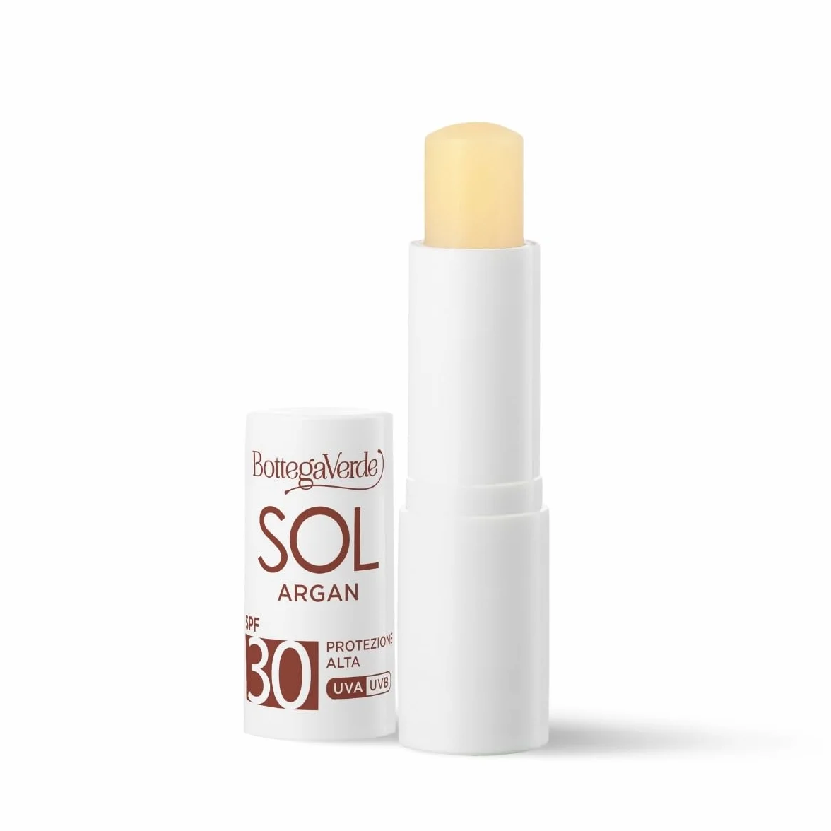 Bottega Verde - Sol Argan, Stick Labbra Solare, 5,5 ml, SPF 30, Arricchito con Olio di Argan e Vitamina C, Nutre e Protegge, con Filtri Solari, Senza Siliconi, Profumo Delicato, Resistente all'Acqua