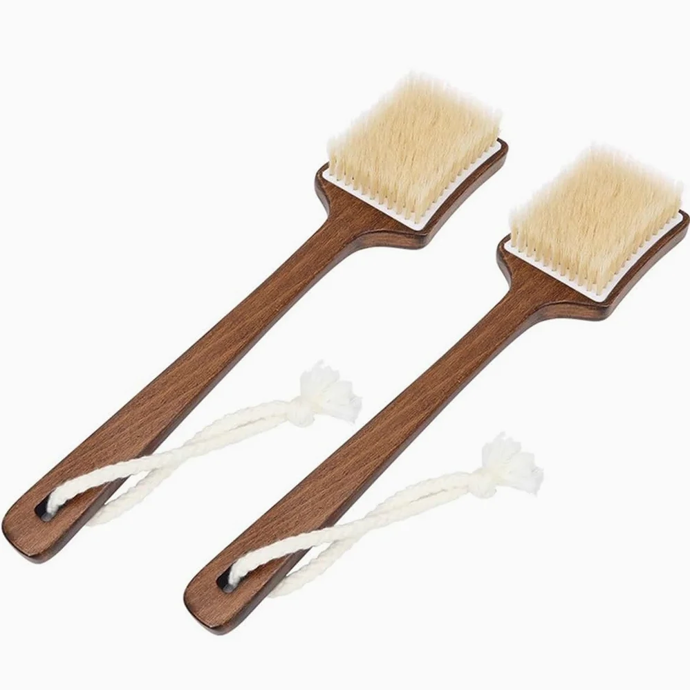Spazzola da Bagno in Legno con Cordino, Spazzola Esfoliante per La Schiena con Manico Lungo, Spazzola Esfoliante per Il Corpo con Setole Morbide E Dure, per Uomo E Donna(35.8 * 8cm*2PCS)