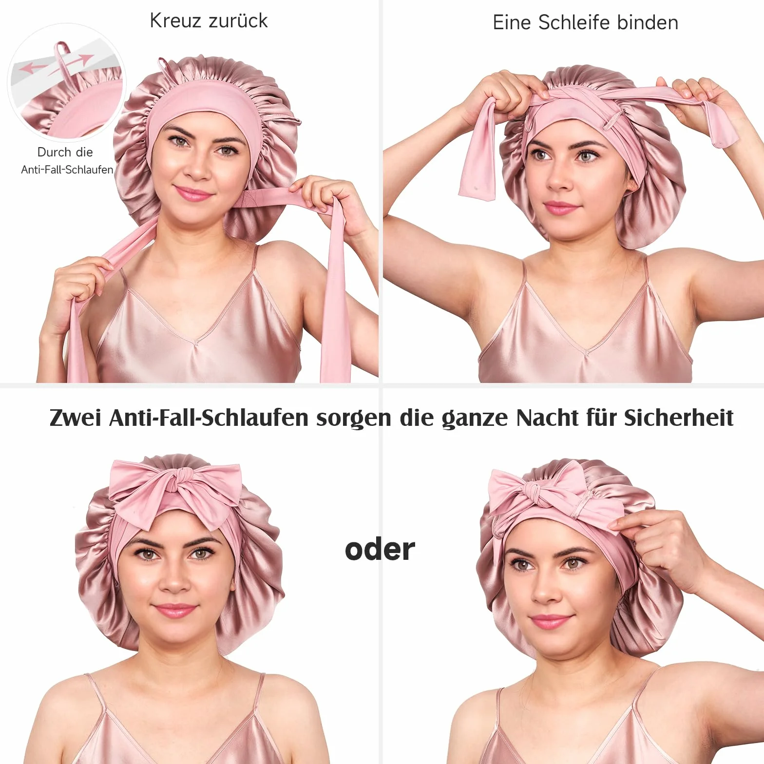 Umisleep 100% 22 Momme Cuffia Seta di Gelso per Dormire, Cuffia da Notte in Seta a Doppio Strato per Capelli Ricci, Traspirante, con Cinturino Largo Regolabile per Il Fissaggio alla Testa, Rosa