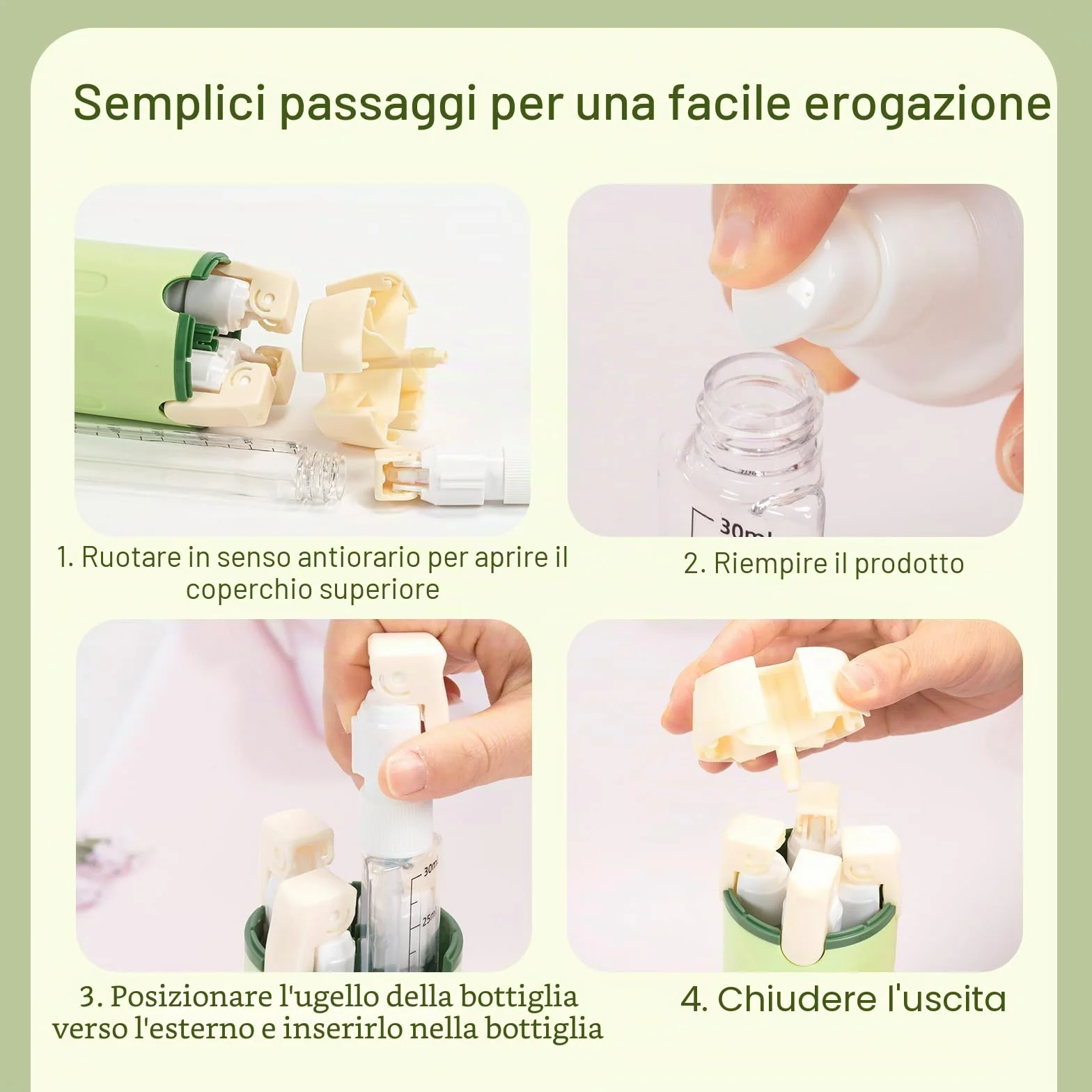 Set di 4 flaconi dispenser da viaggio: flaconi con pompetta ricaricabili, a prova di perdite, per articoli da toeletta - contenitori da viaggio portatili per shampoo, lozione, balsamo e crema (verde)