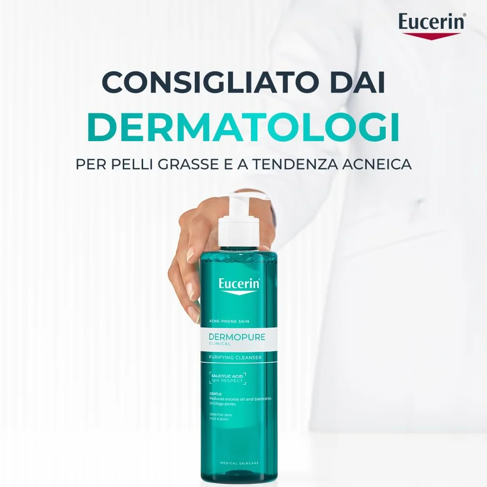 Eucerin DermoPure Clinical Gel Detergente Viso Purificante 400 ml, Detergente schiumogeno viso e corpo senza sapone efficace come struccante, Formula con Acido Salicilico per pelle grassa e acneica