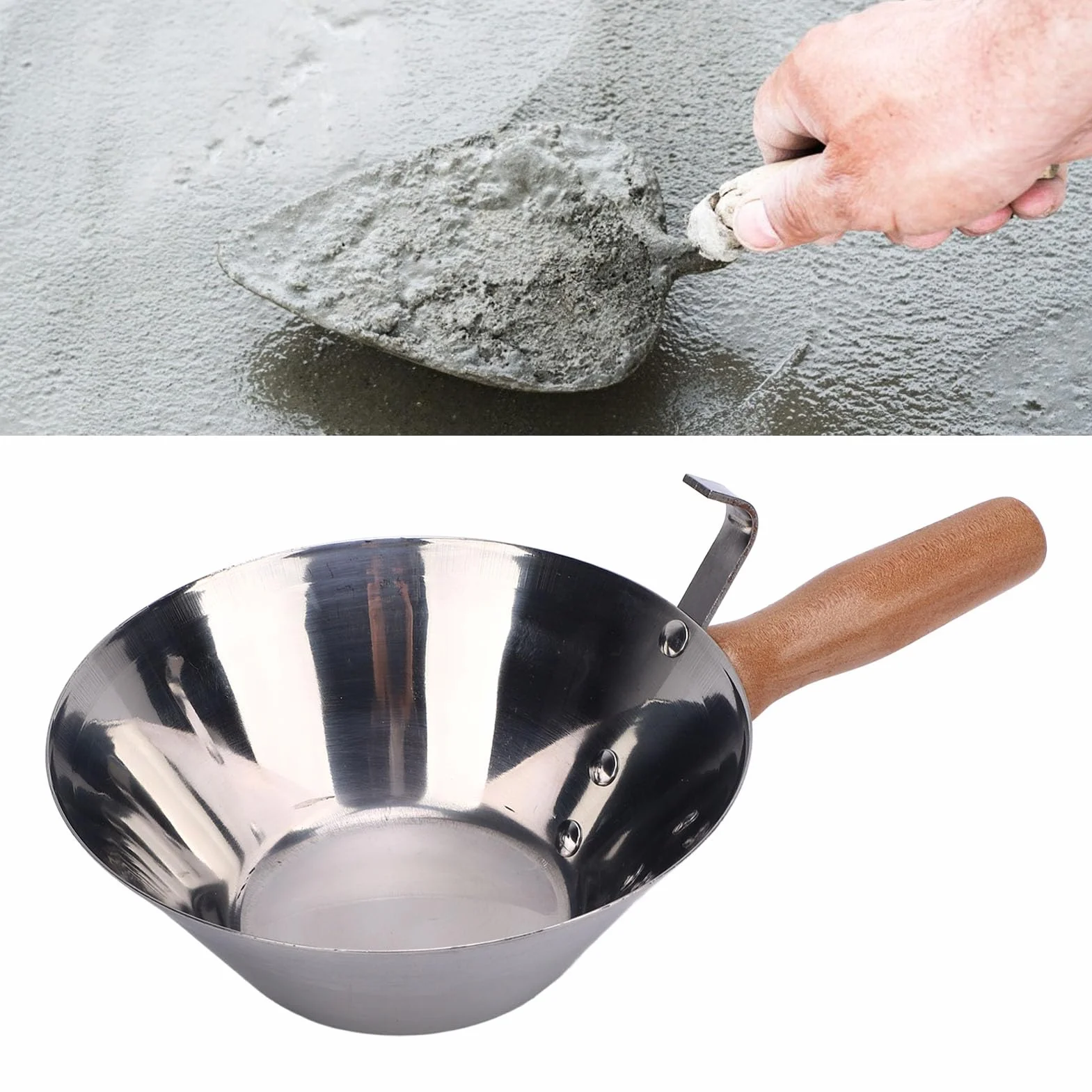 FTVOGUE Vaschetta per Fango in Acciaio Inossidabile con Manico in Legno Ciotola per Intonaco