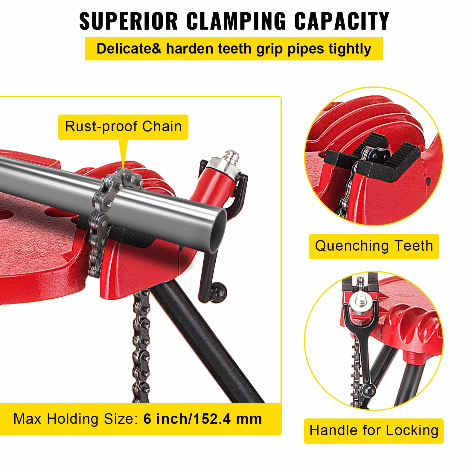 VEVOR 460-6 Morsa a catena per tubi con treppiede, capacità 1/8"-6", gambe in acciaio pieghevoli