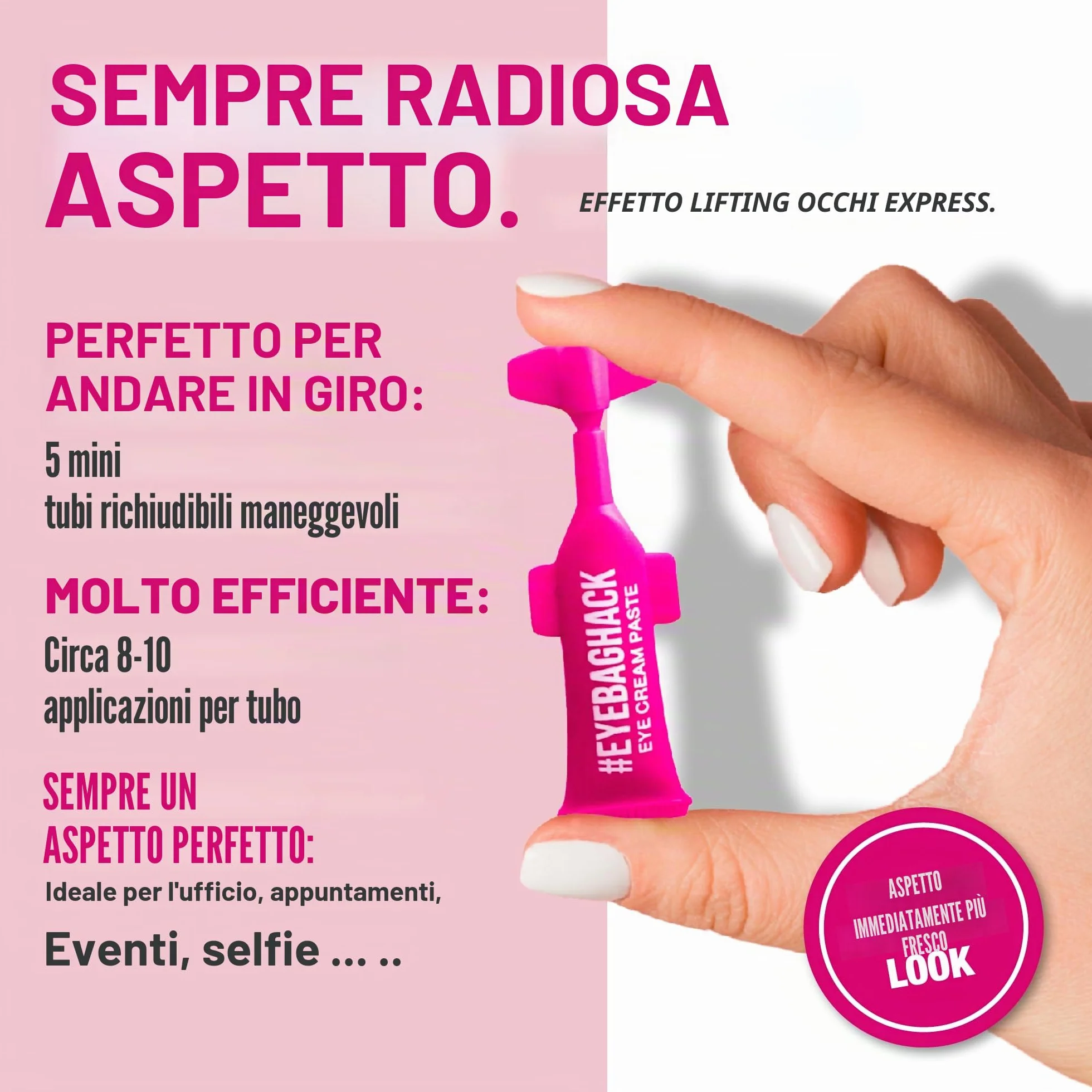 EYEBAGHACK - Effetto Express Eyelift contro le borse e le rughe, occhi visibilmente lisci in 2 minuti, tecnologia Invisible Flex Film per un effetto fino a 10 ore, 5x mini tubetti richiudibili