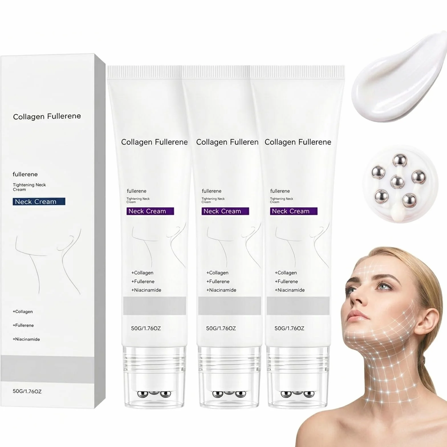 Crema Rassodante per il Collo con Rullo, Magic Collagen Fullerene Neck Cream, Crema Collo e Décolleté Lifting Con Collagen Peptides, Firming Neck Cream, Riduce Rughe, Nutre, Anti Rughe, 50g (3pcs)