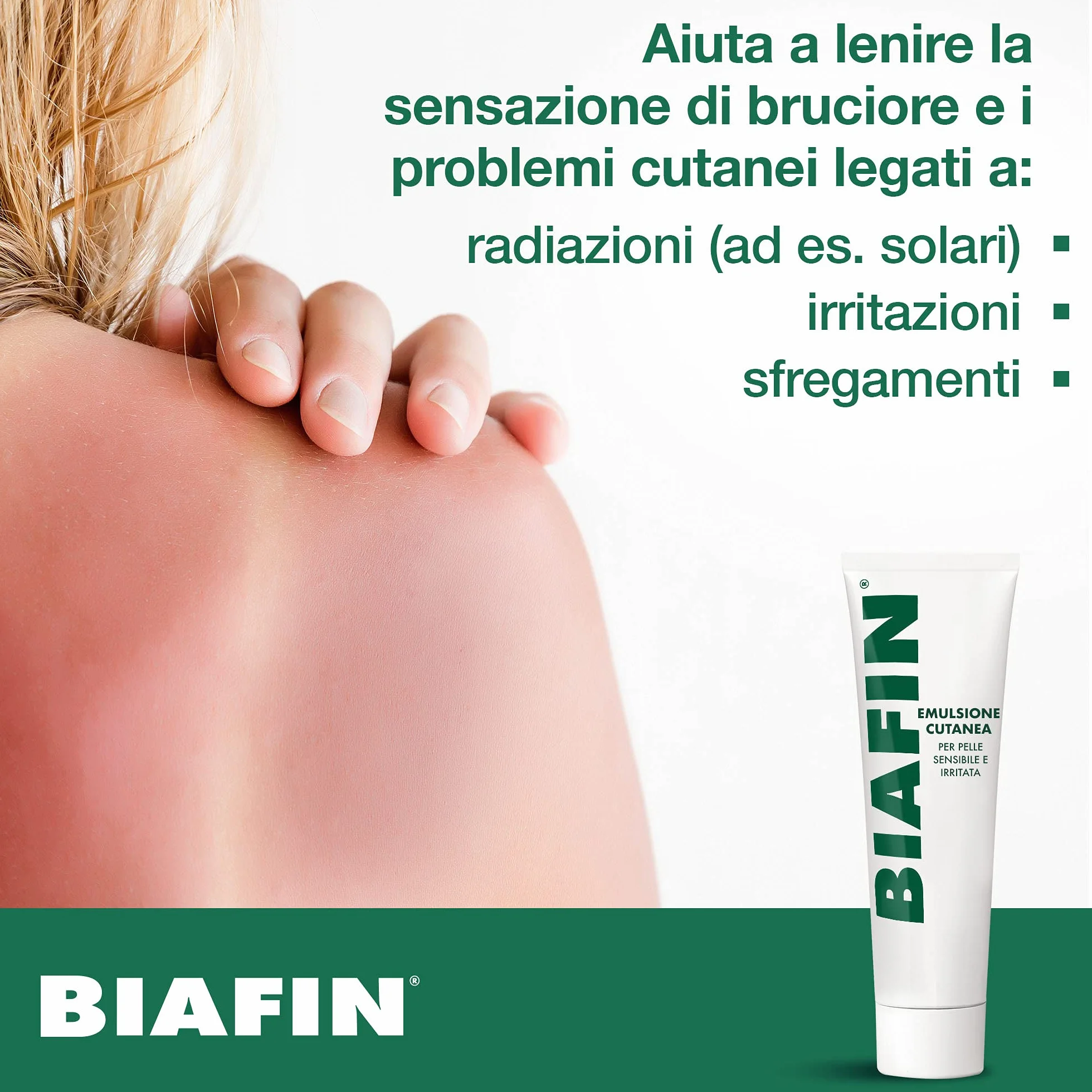 Biafin Emulsione Cutanea Idratante Lenitiva, Crema scottature, irritazioni e sfregamenti, Crema pelle sensibile e irritata, Pomata scottature ideale anche per tatuaggi e problemi cutanei, 100 ml
