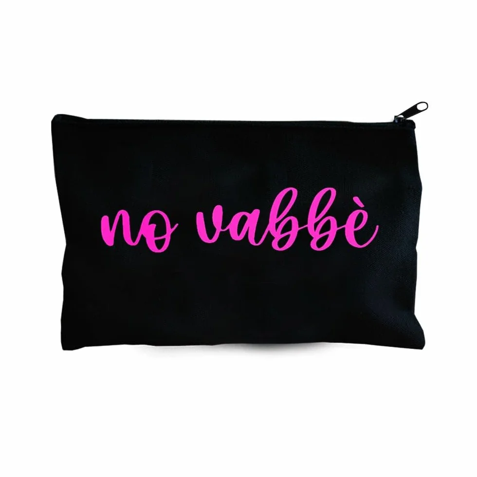 Pochette in tela “no vabbè” – Astuccio nero con scritta rosa – Beauty case divertente 21x13 cm con cerniera